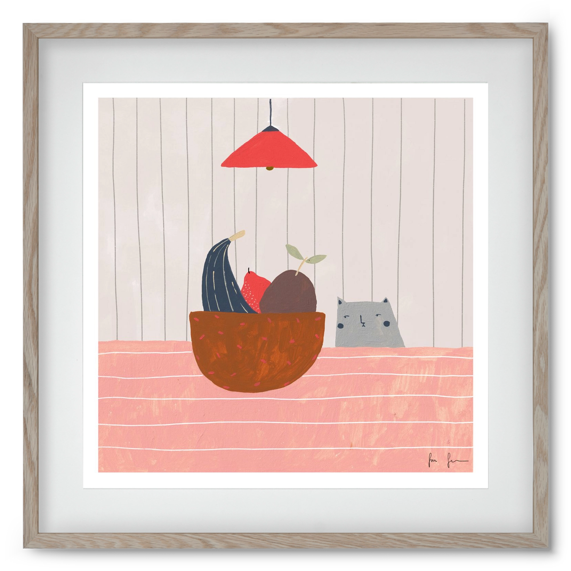 Cica gyümölcskosárral, 50x50 cm (40x40 cm), Tölgy keret, paszpartuval