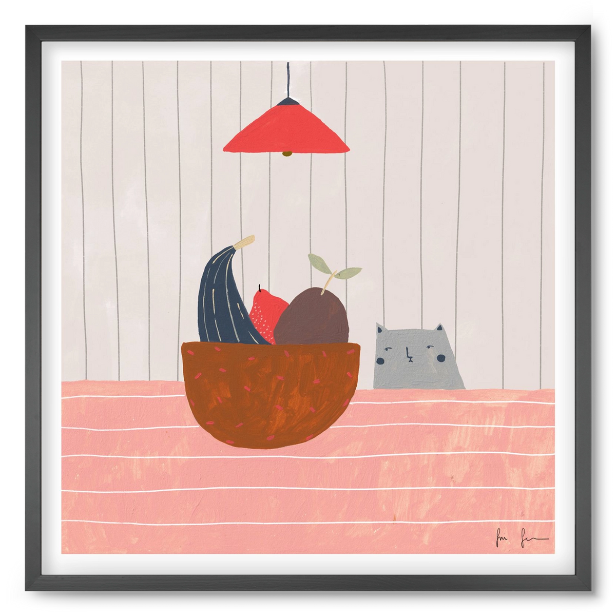 Cica gyümölcskosárral, 50x50 cm (50x50 cm), Fekete keret