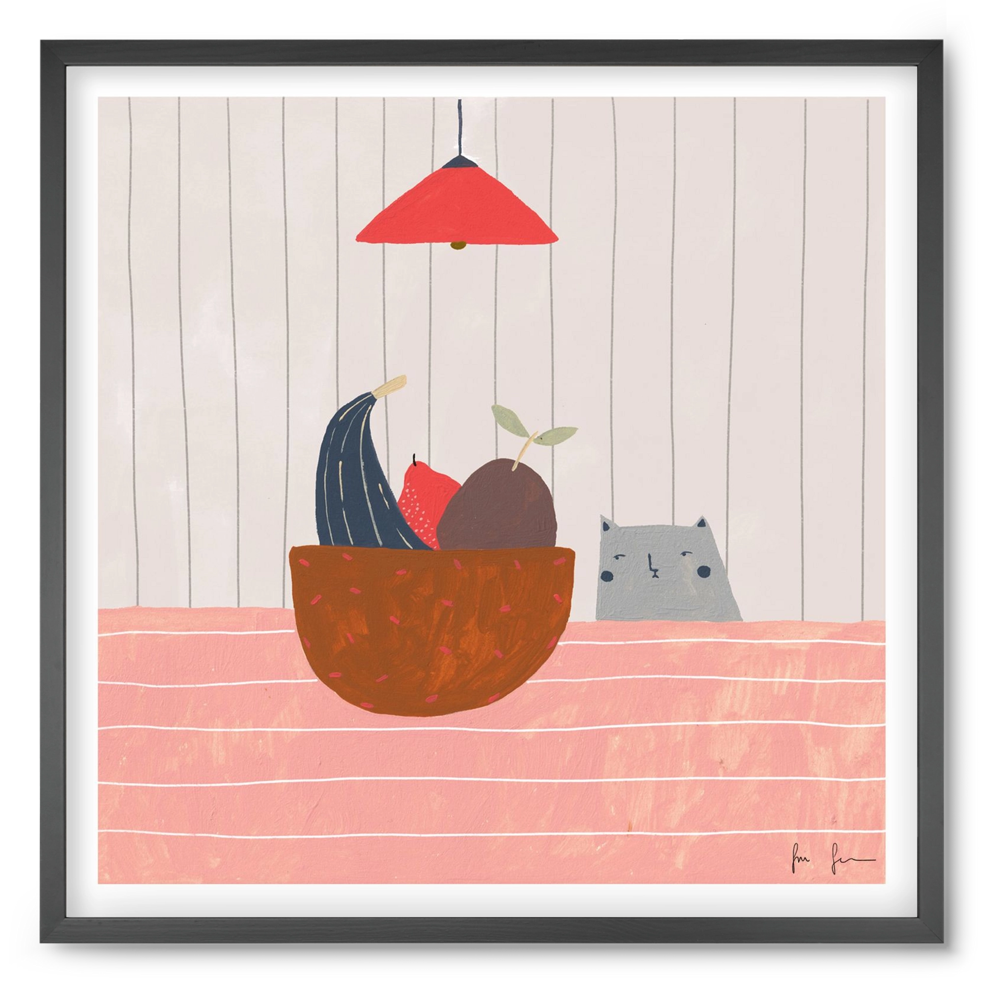 Cica gyümölcskosárral, 50x50 cm (50x50 cm), Fekete keret