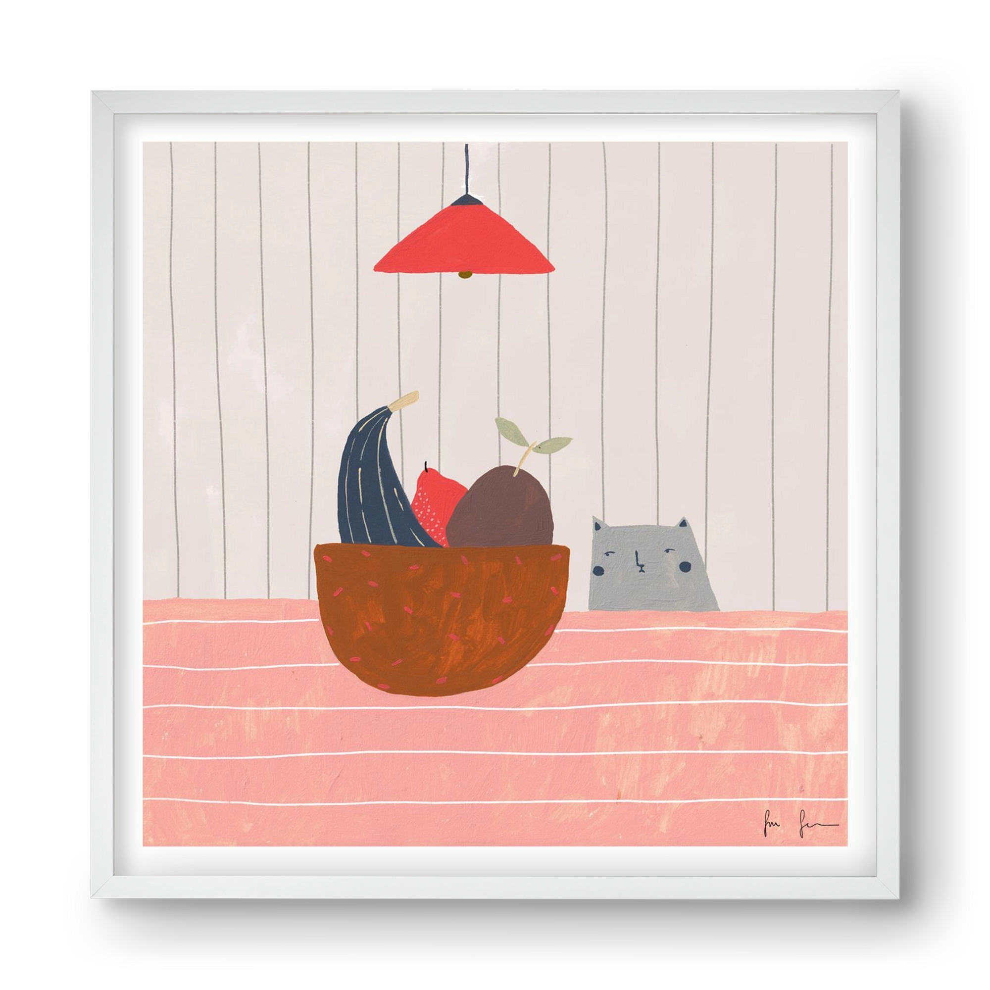 Cica gyümölcskosárral, 40x40 cm (40x40 cm), Fehér keret