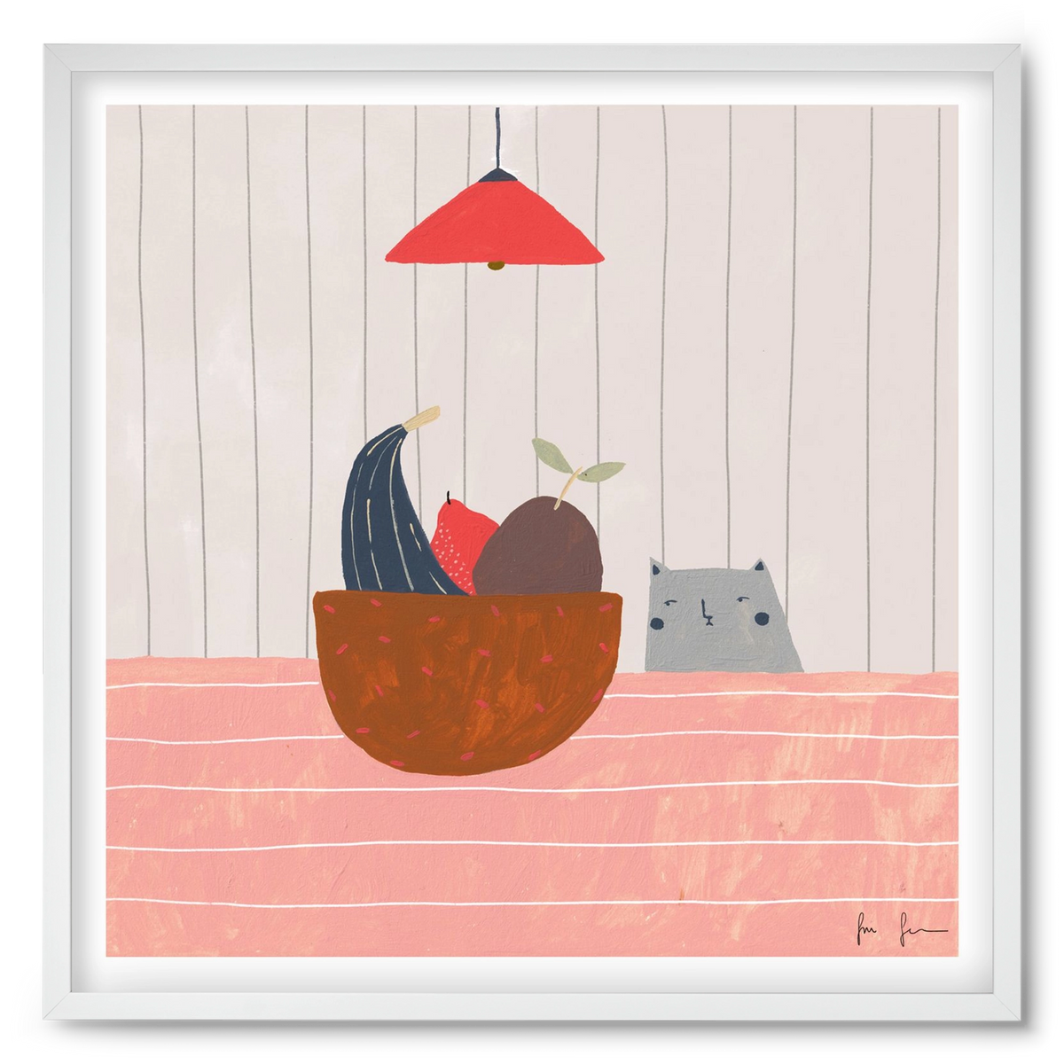 Cica gyümölcskosárral, 50x50 cm (50x50 cm), Fehér keret