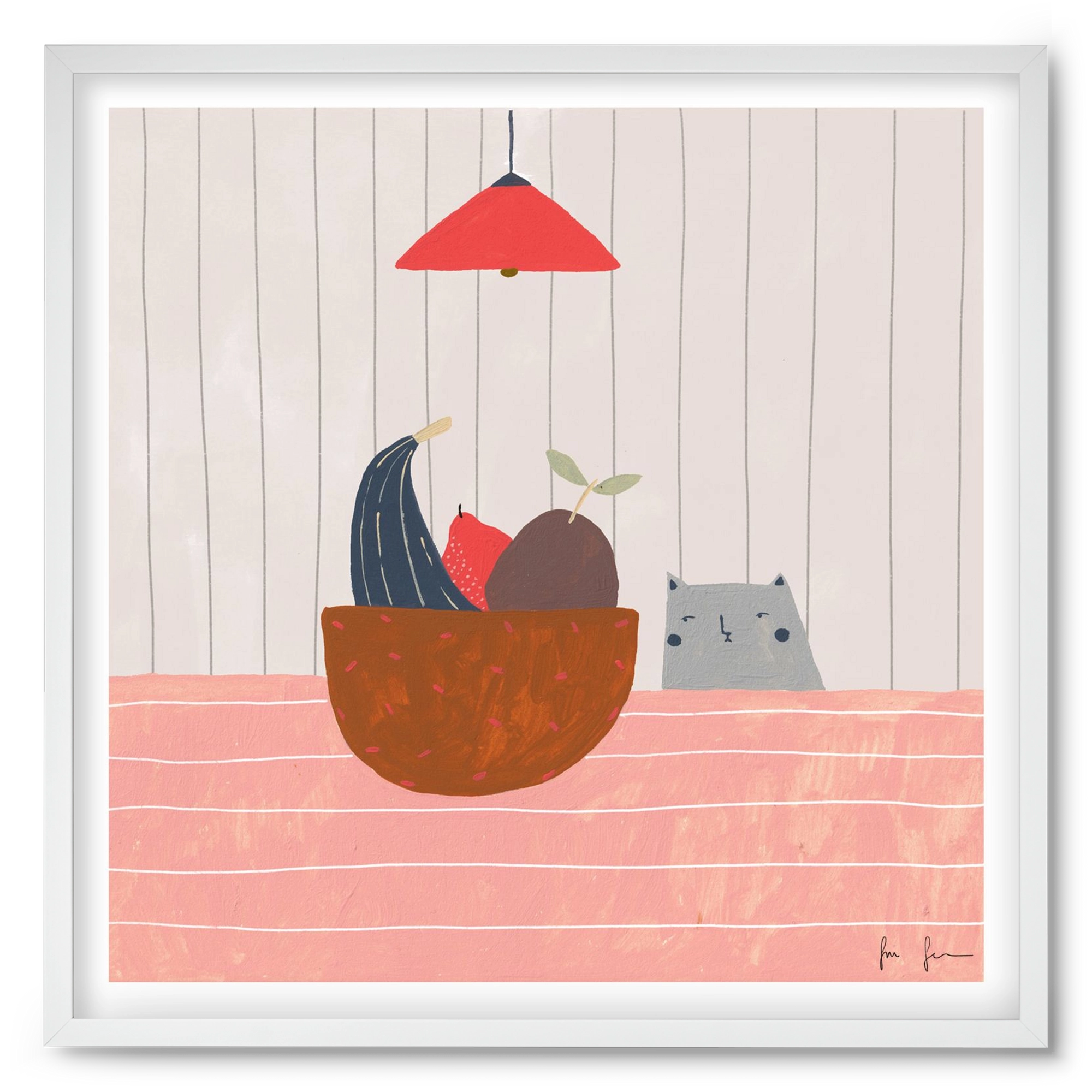 Cica gyümölcskosárral, 50x50 cm (50x50 cm), Fehér keret