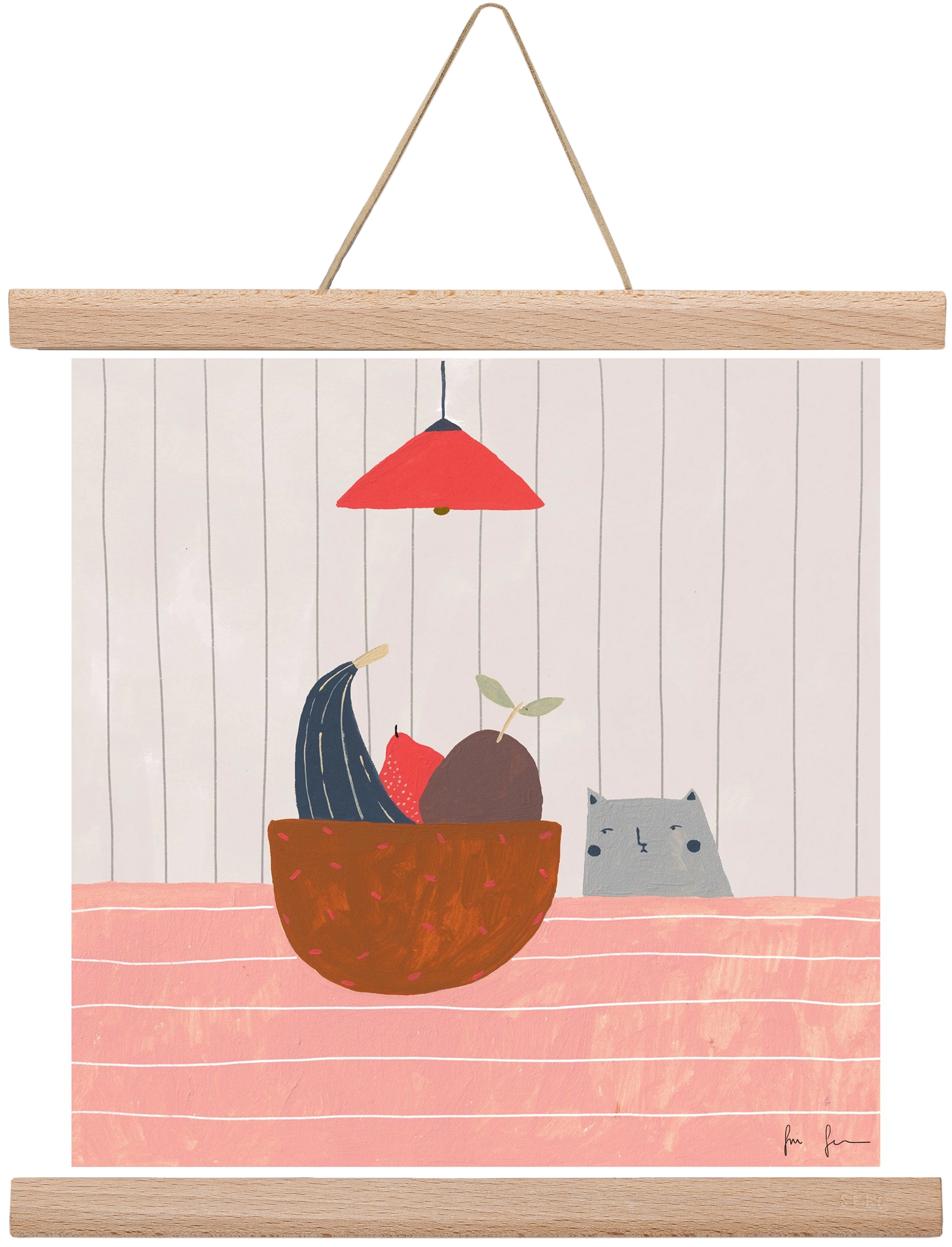 Cica gyümölcskosárral, 30x30 cm (30x30 cm), Tölgy akasztó