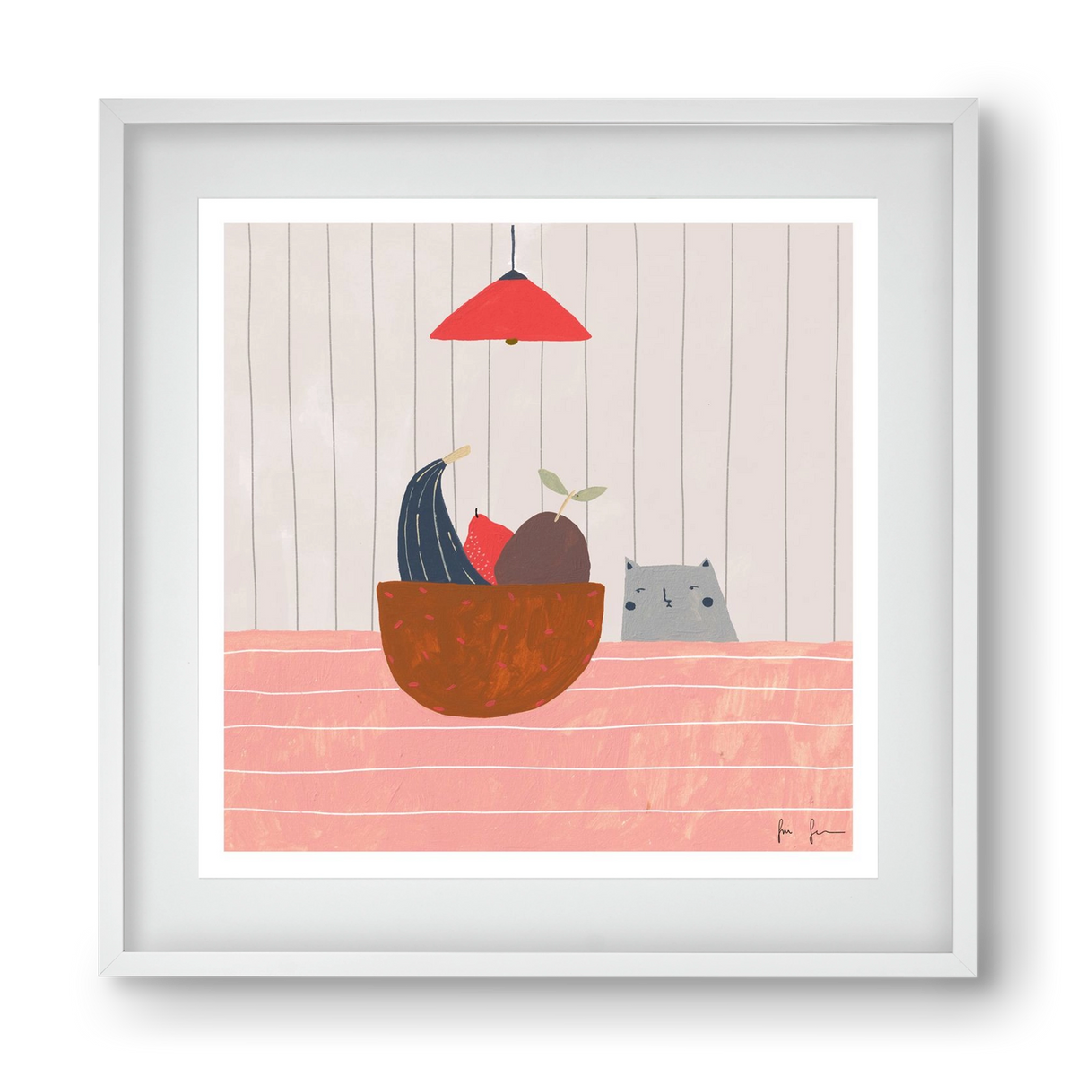 Cica gyümölcskosárral, 40x40 cm (30x30 cm), Fehér keret, paszpartuval