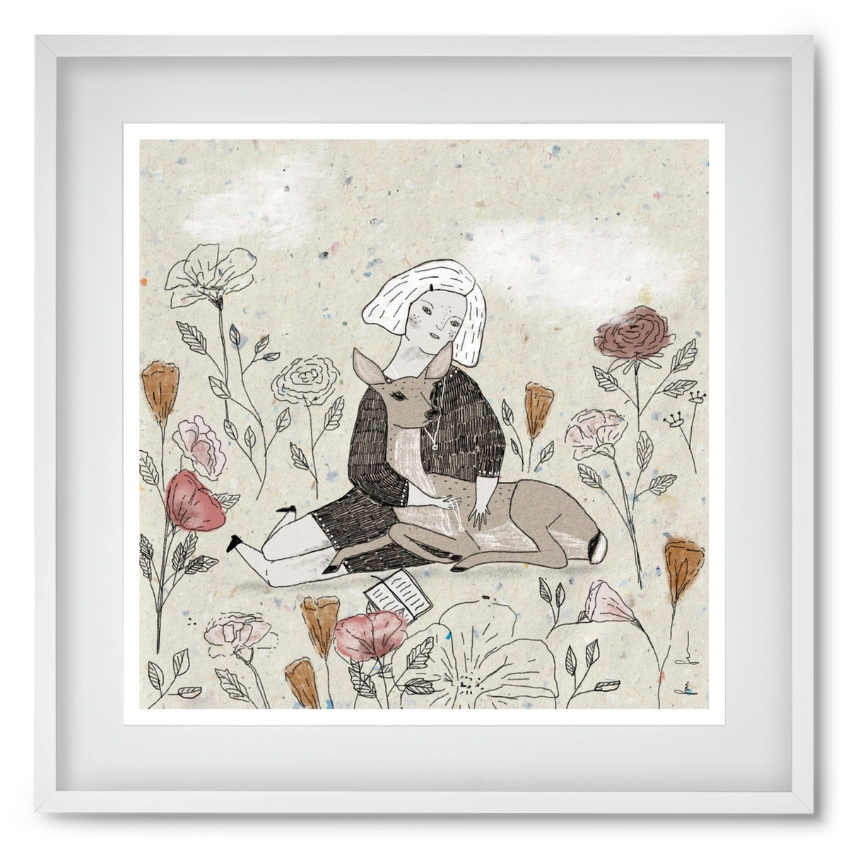 Lány őzzel, 50x50 cm (40x40 cm), Fehér keret, paszpartuval