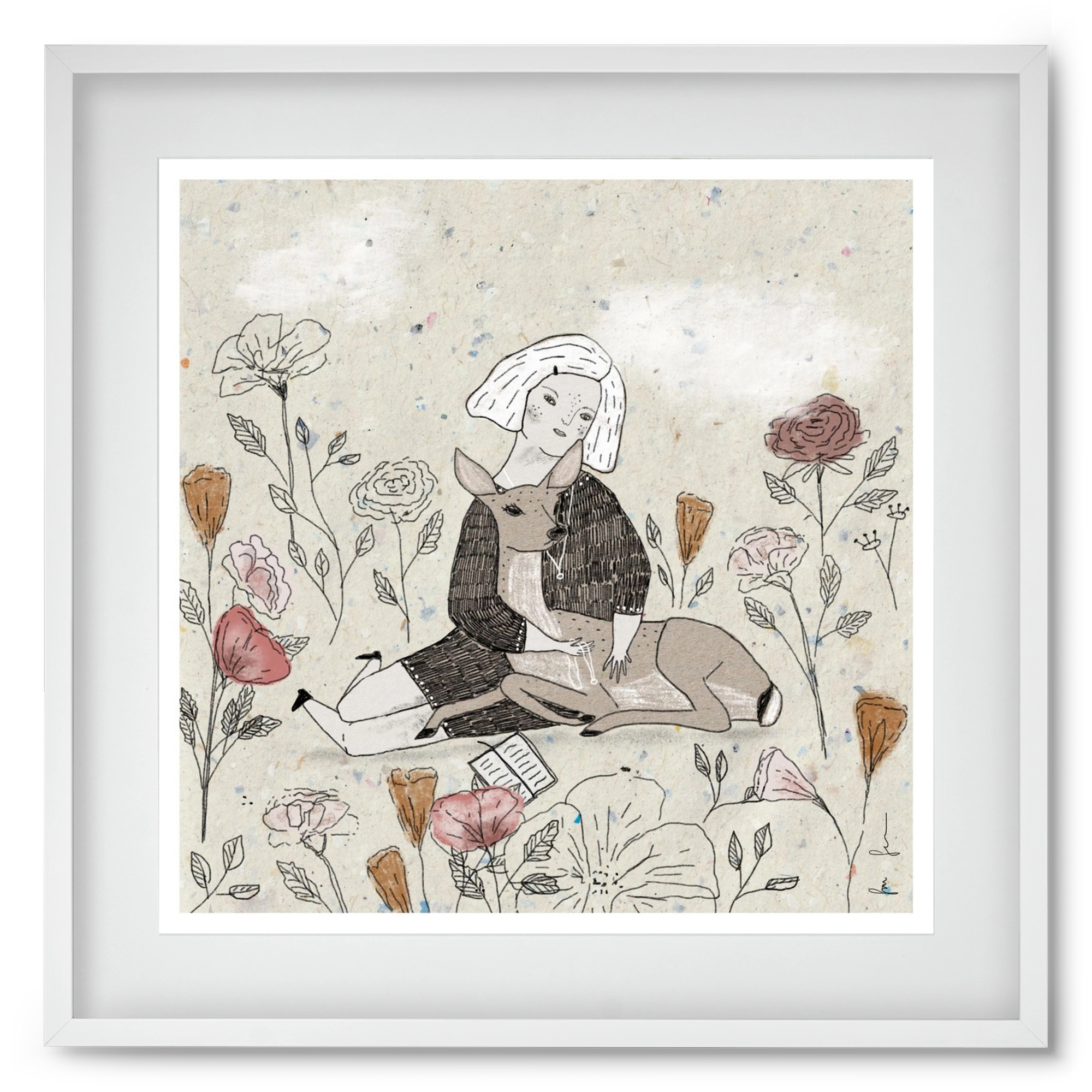 Lány őzzel, 50x50 cm (40x40 cm), Fehér keret, paszpartuval