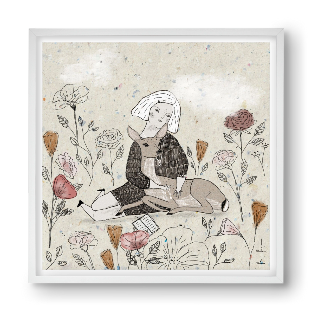 Lány őzzel, 40x40 cm (40x40 cm), Fehér keret