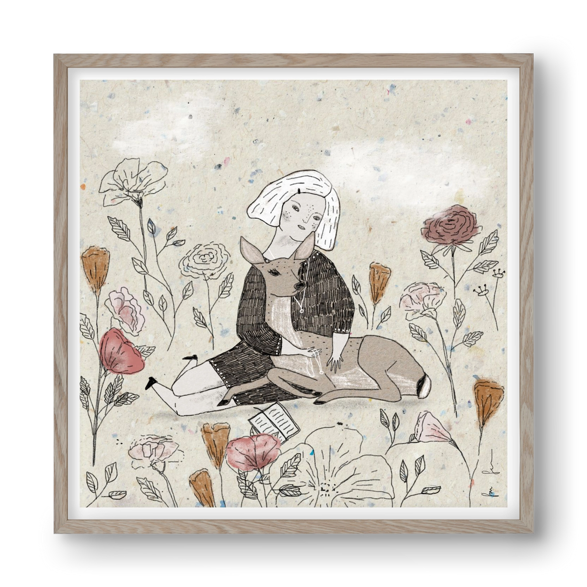 Lány őzzel, 40x40 cm (40x40 cm), Tölgy keret