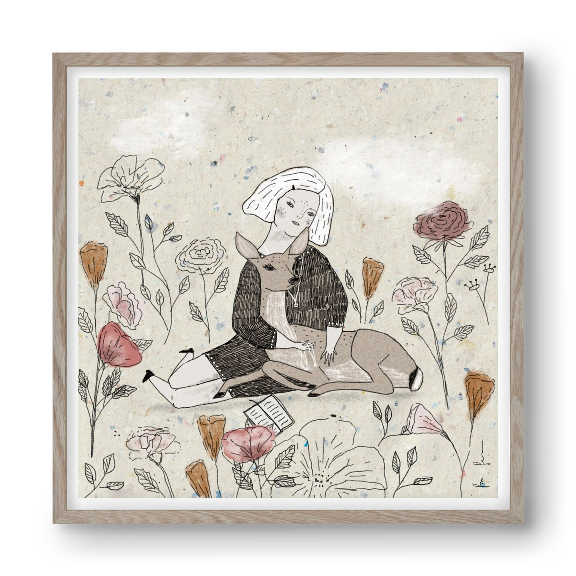 Lány őzzel, 40x40 cm (40x40 cm), Tölgy keret