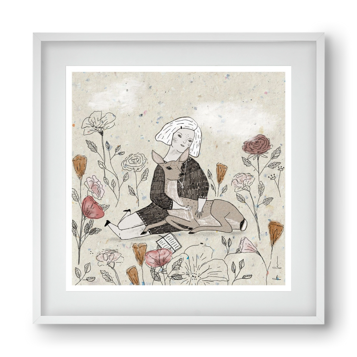 Lány őzzel, 40x40 cm (30x30 cm), Fehér keret, paszpartuval
