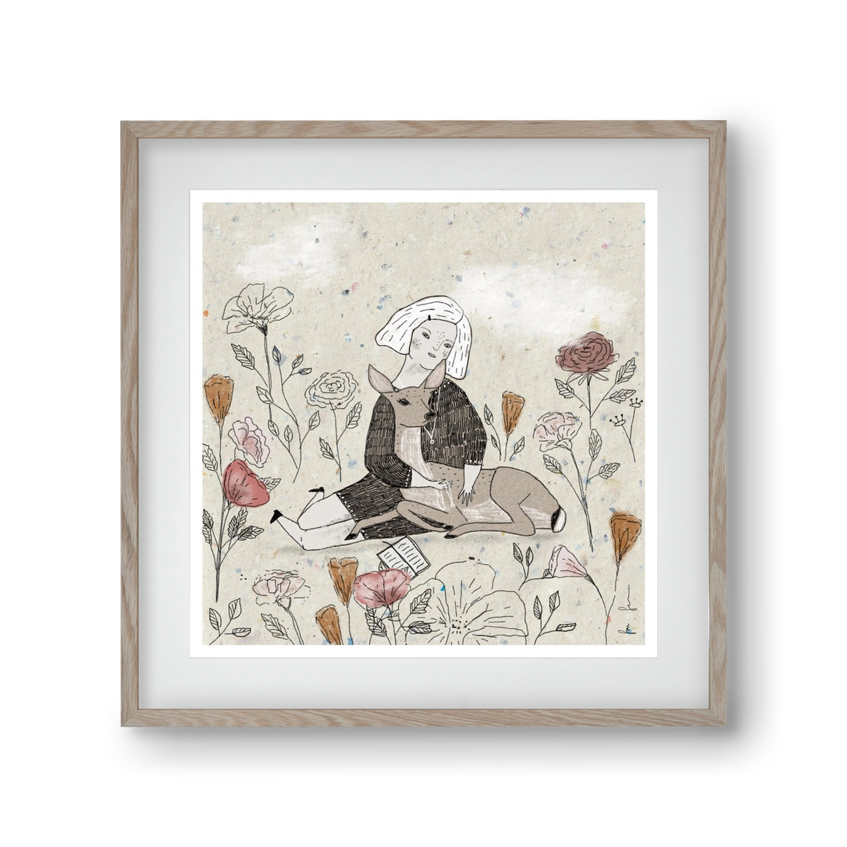 Lány őzzel, 30x30 cm (20x20 cm), Tölgy keret, paszpartuval