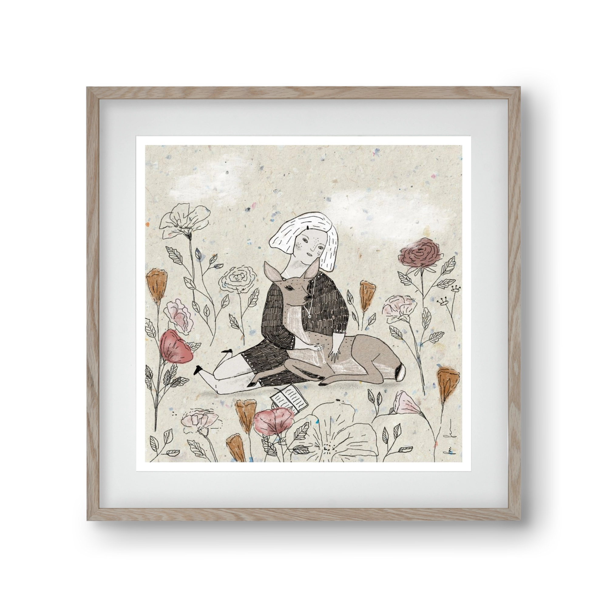 Lány őzzel, 30x30 cm (20x20 cm), Tölgy keret, paszpartuval