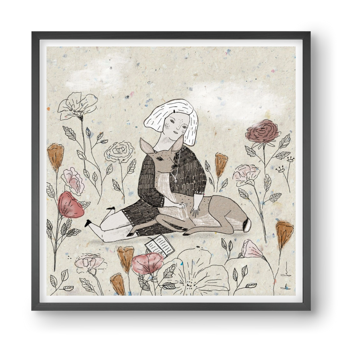 Lány őzzel, 40x40 cm (40x40 cm), Fekete keret
