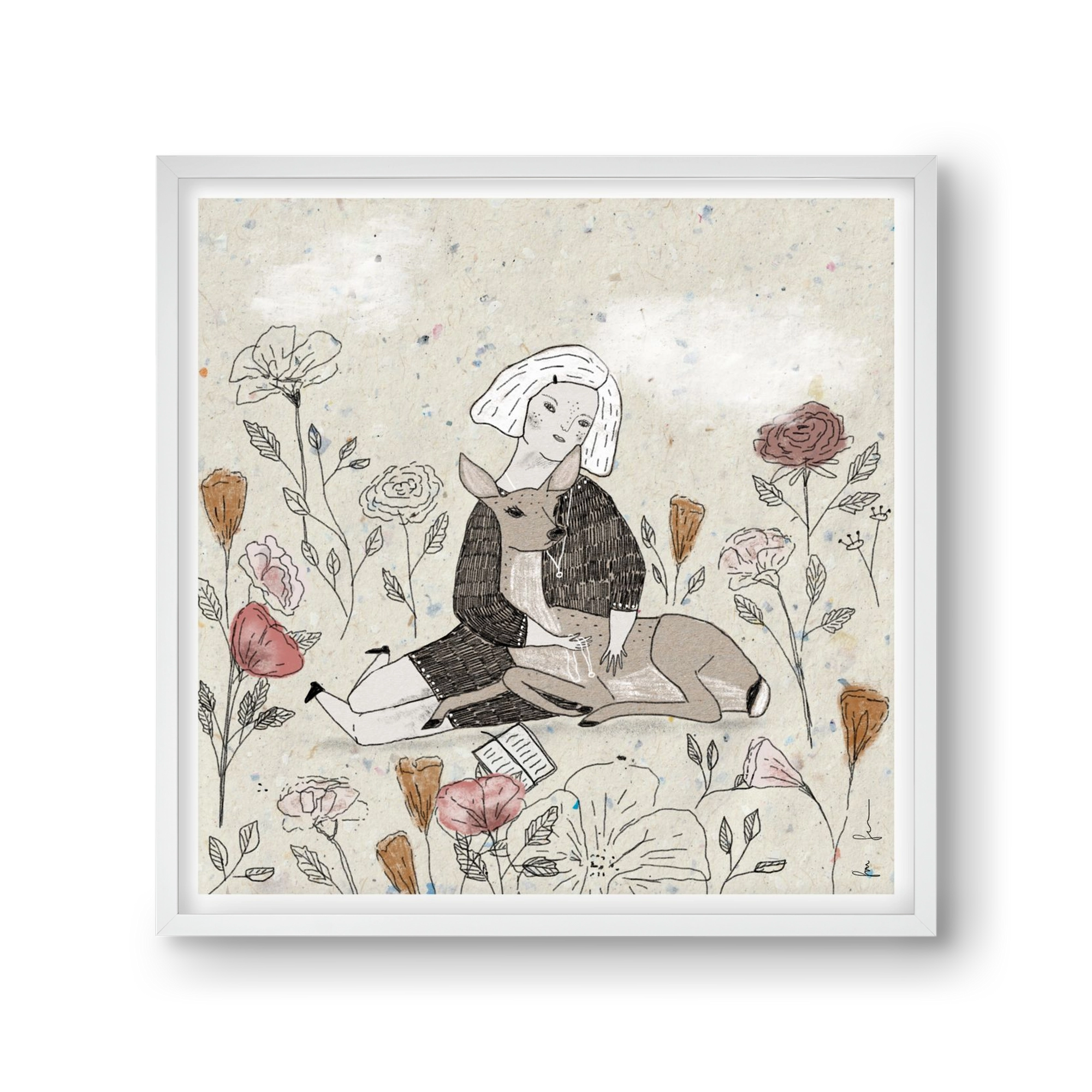 Lány őzzel, 30x30 cm (30x30 cm), Fehér keret