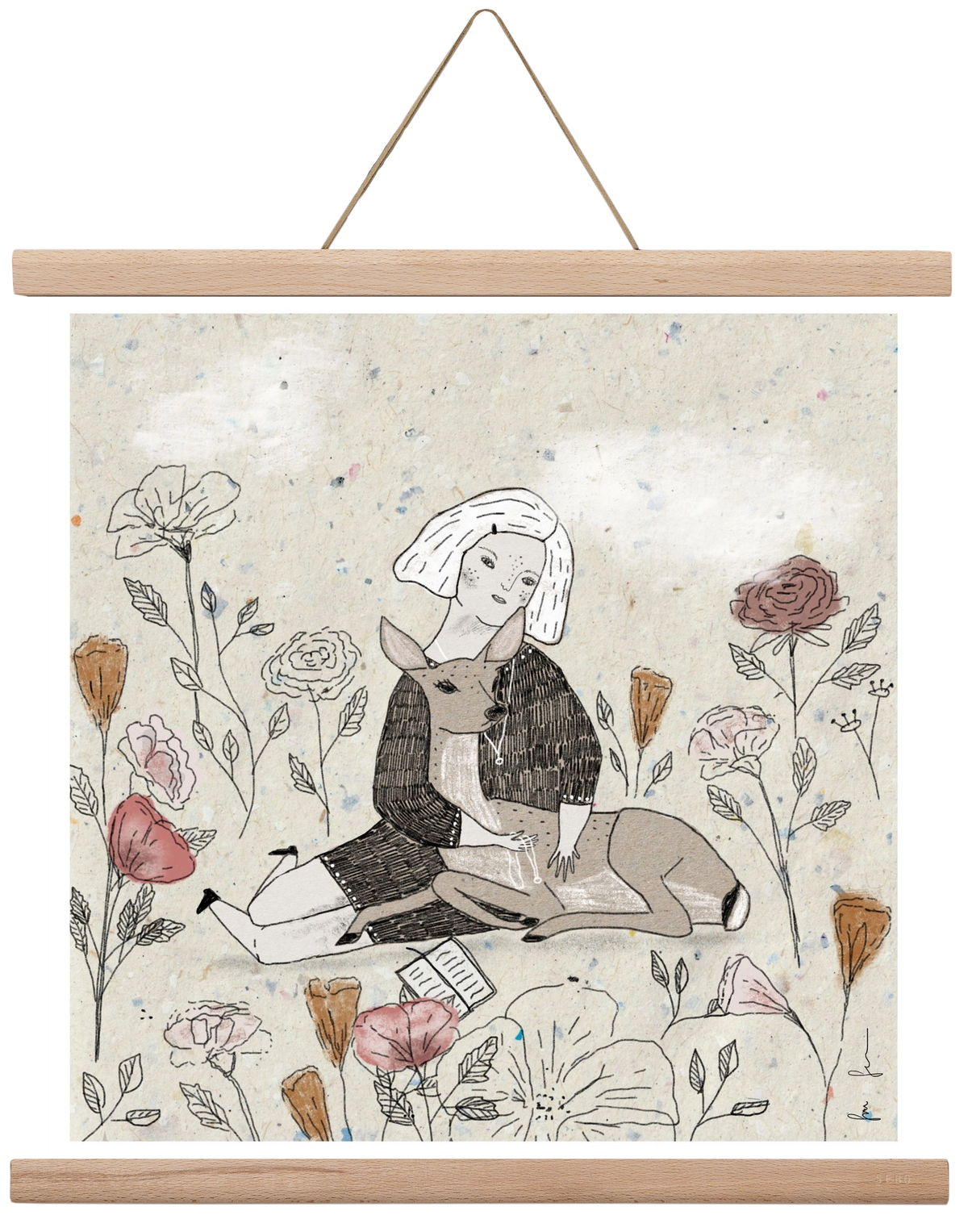 Lány őzzel, 40x40 cm (40x40 cm), Tölgy akasztó