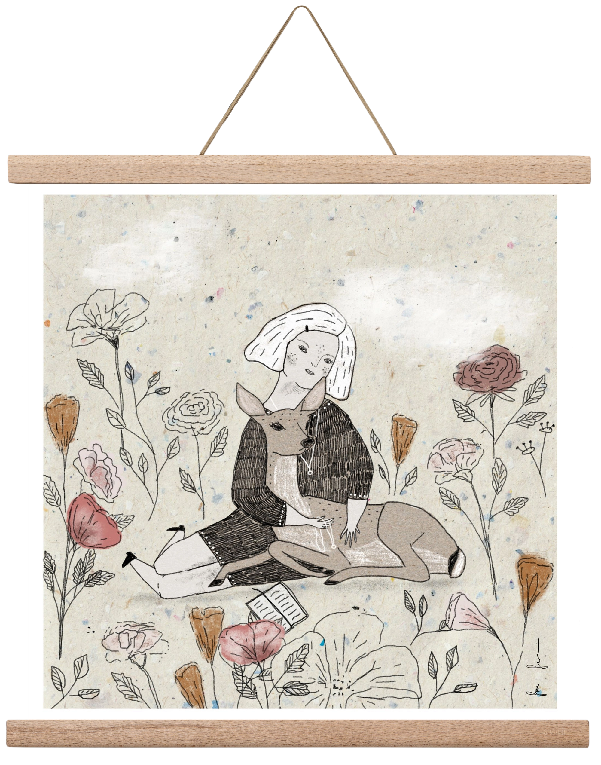 Lány őzzel, 40x40 cm (40x40 cm), Tölgy akasztó