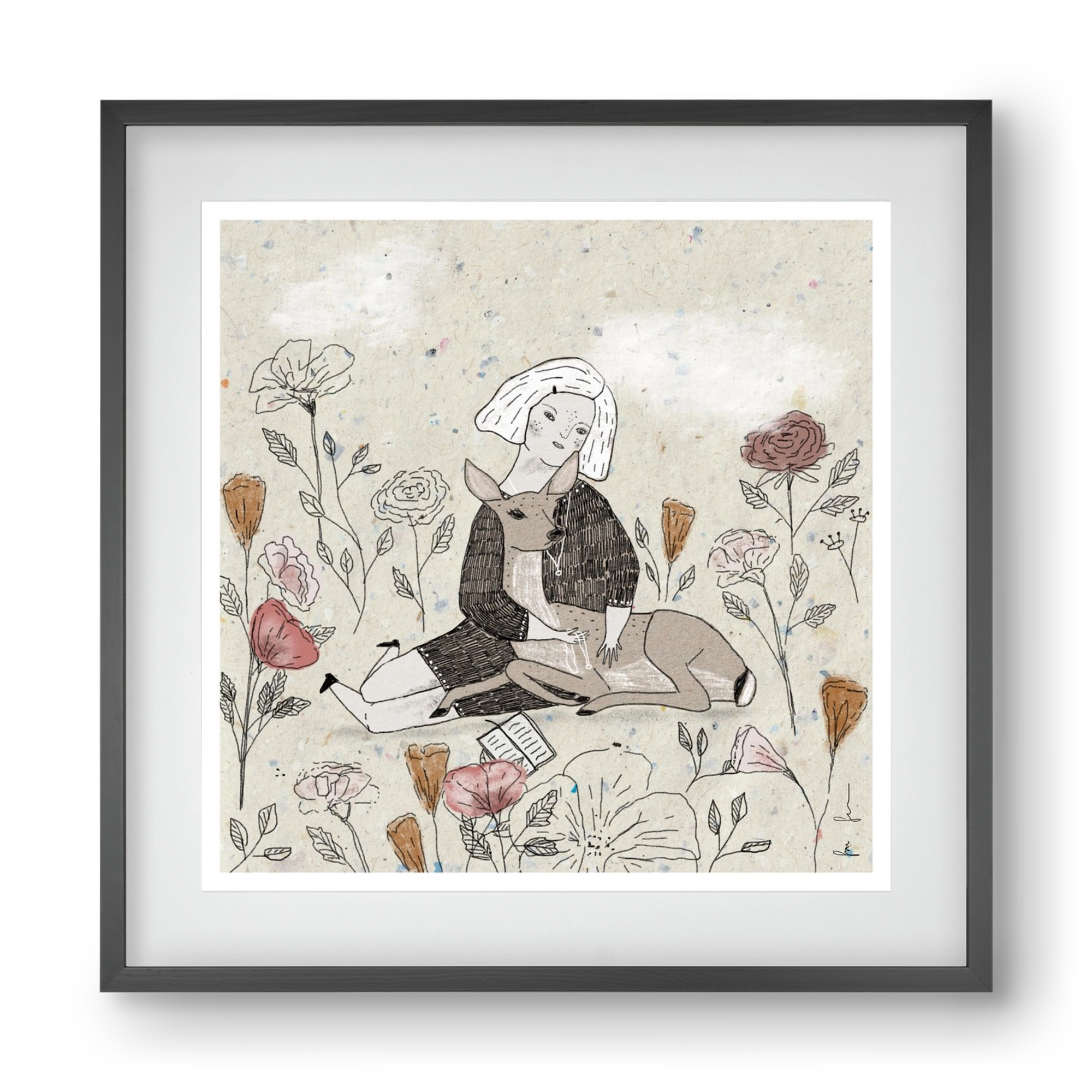 Lány őzzel, 40x40 cm (30x30 cm), Fekete keret, paszpartuval