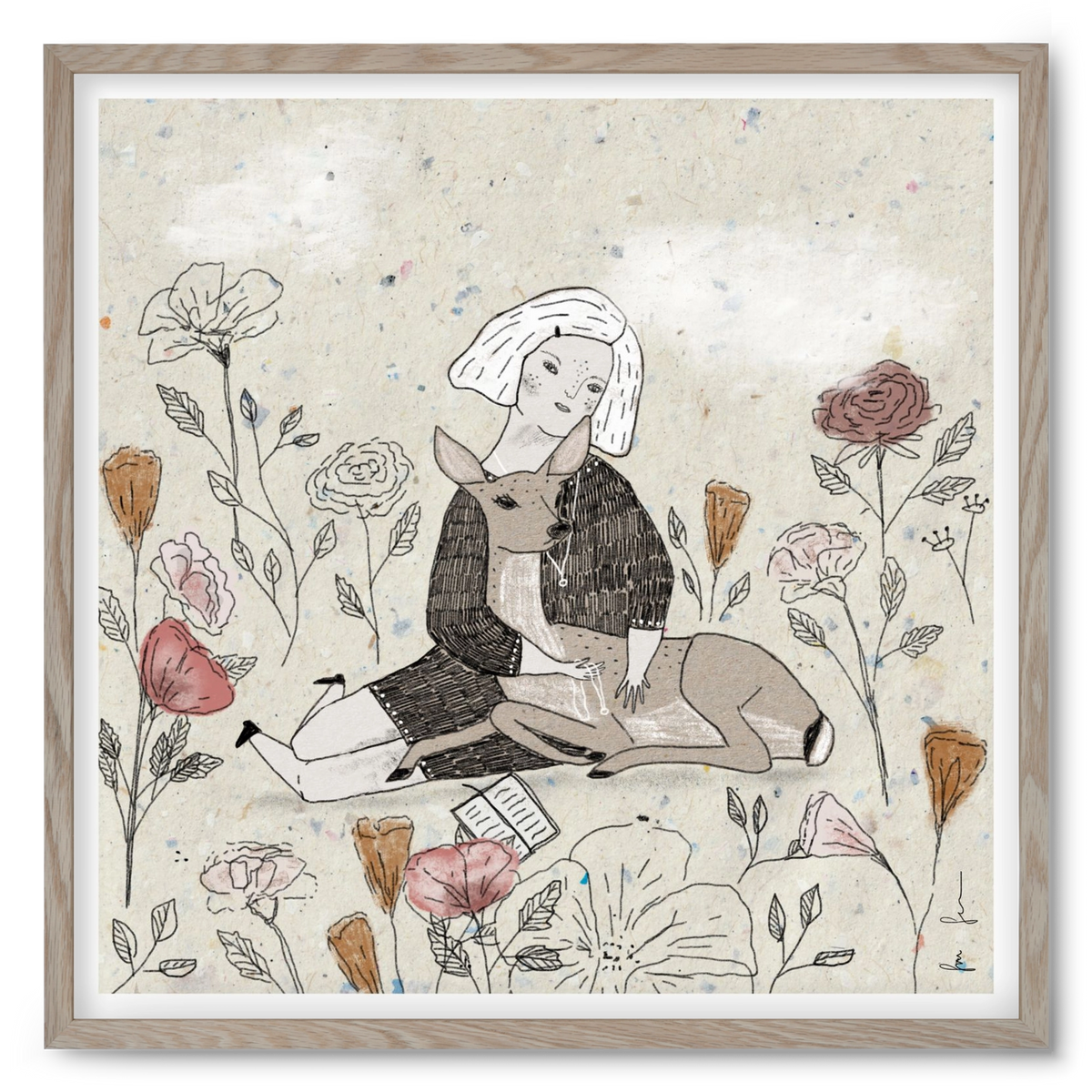 Lány őzzel, 50x50 cm (50x50 cm), Tölgy keret