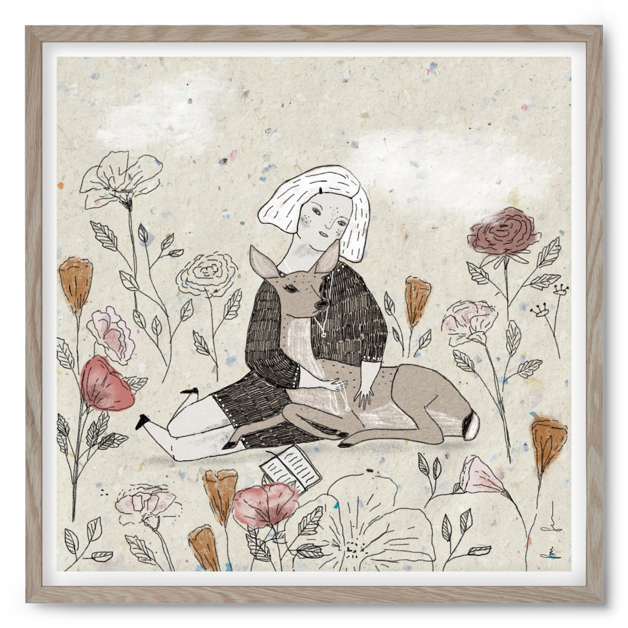 Lány őzzel, 50x50 cm (50x50 cm), Tölgy keret