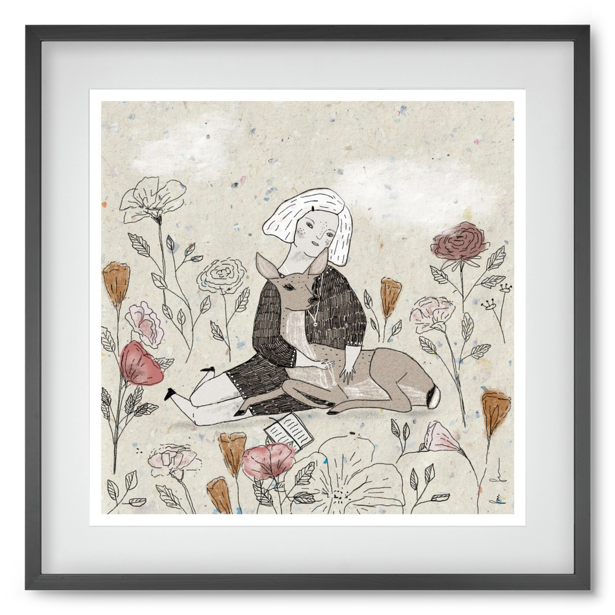 Lány őzzel, 50x50 cm (40x40 cm), Fekete keret, paszpartuval