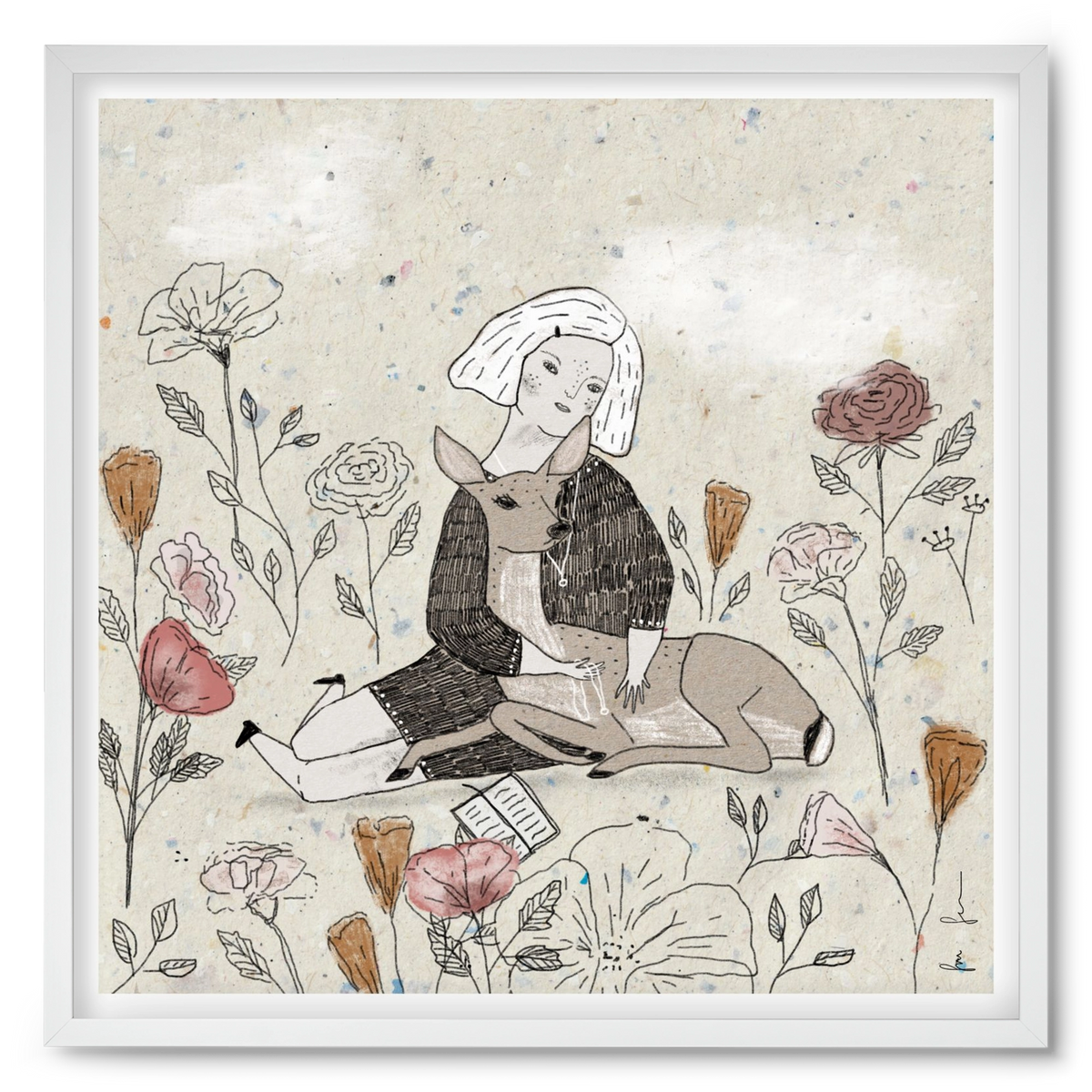 Lány őzzel, 50x50 cm (50x50 cm), Fehér keret