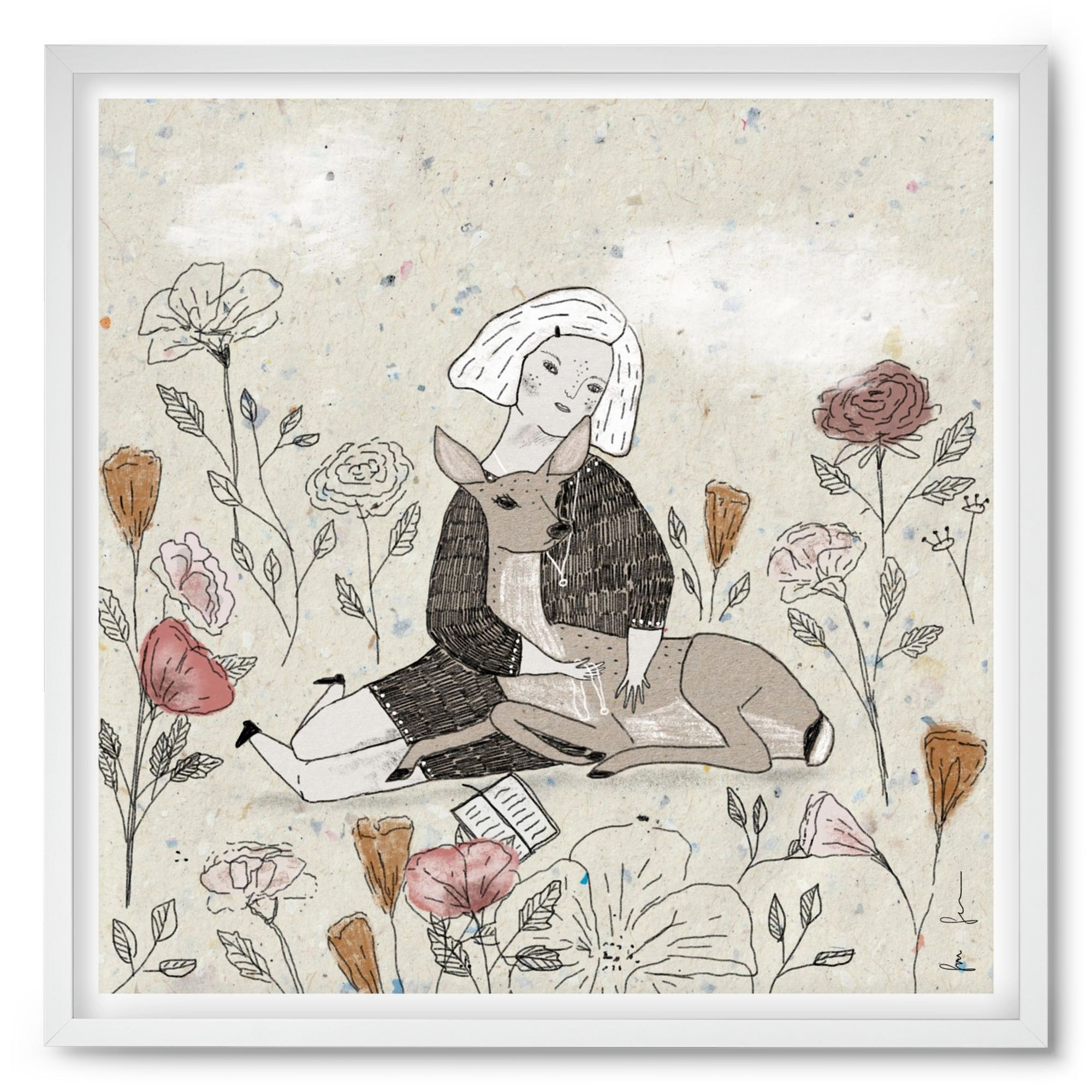 Lány őzzel, 50x50 cm (50x50 cm), Fehér keret