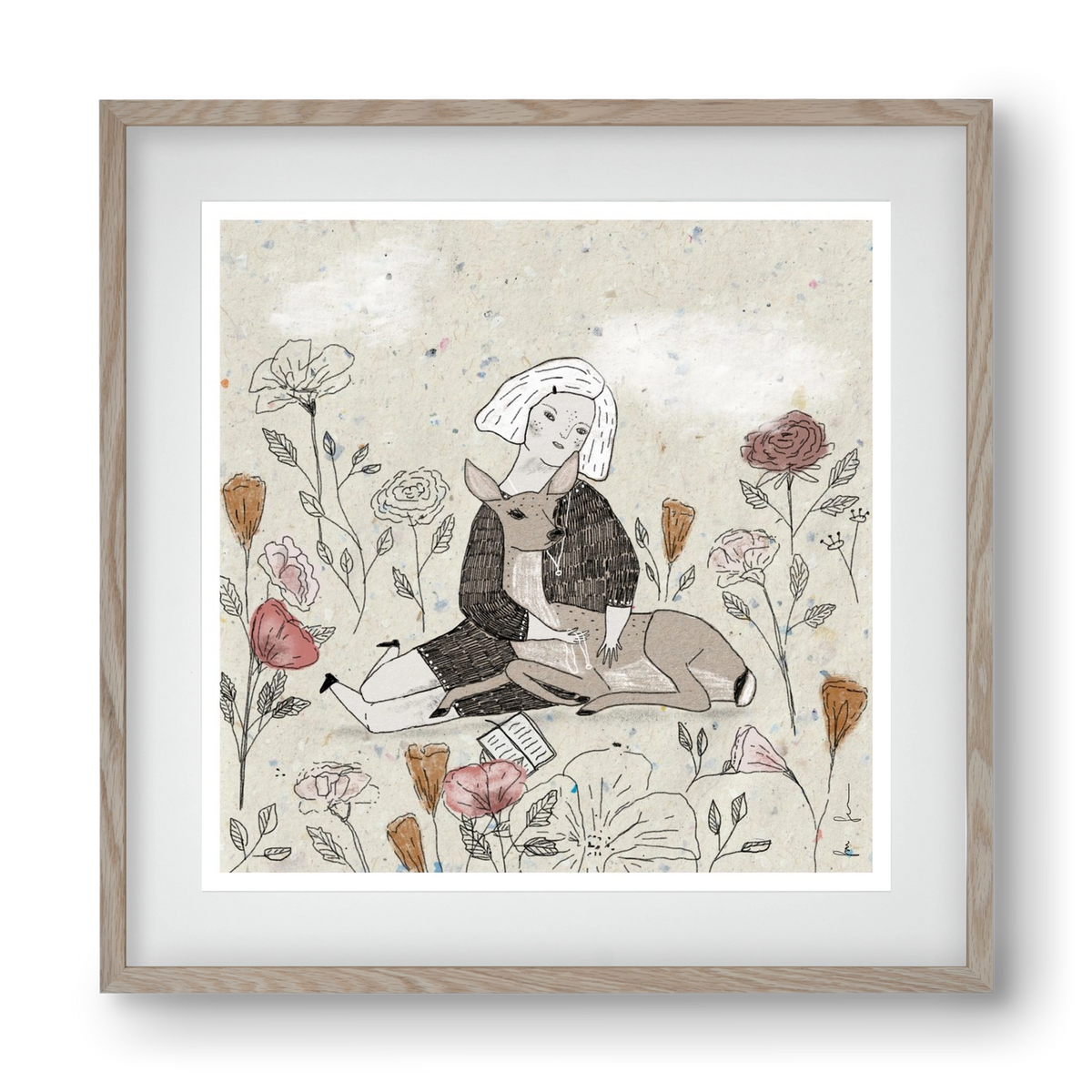 Lány őzzel, 40x40 cm (30x30 cm), Tölgy keret, paszpartuval