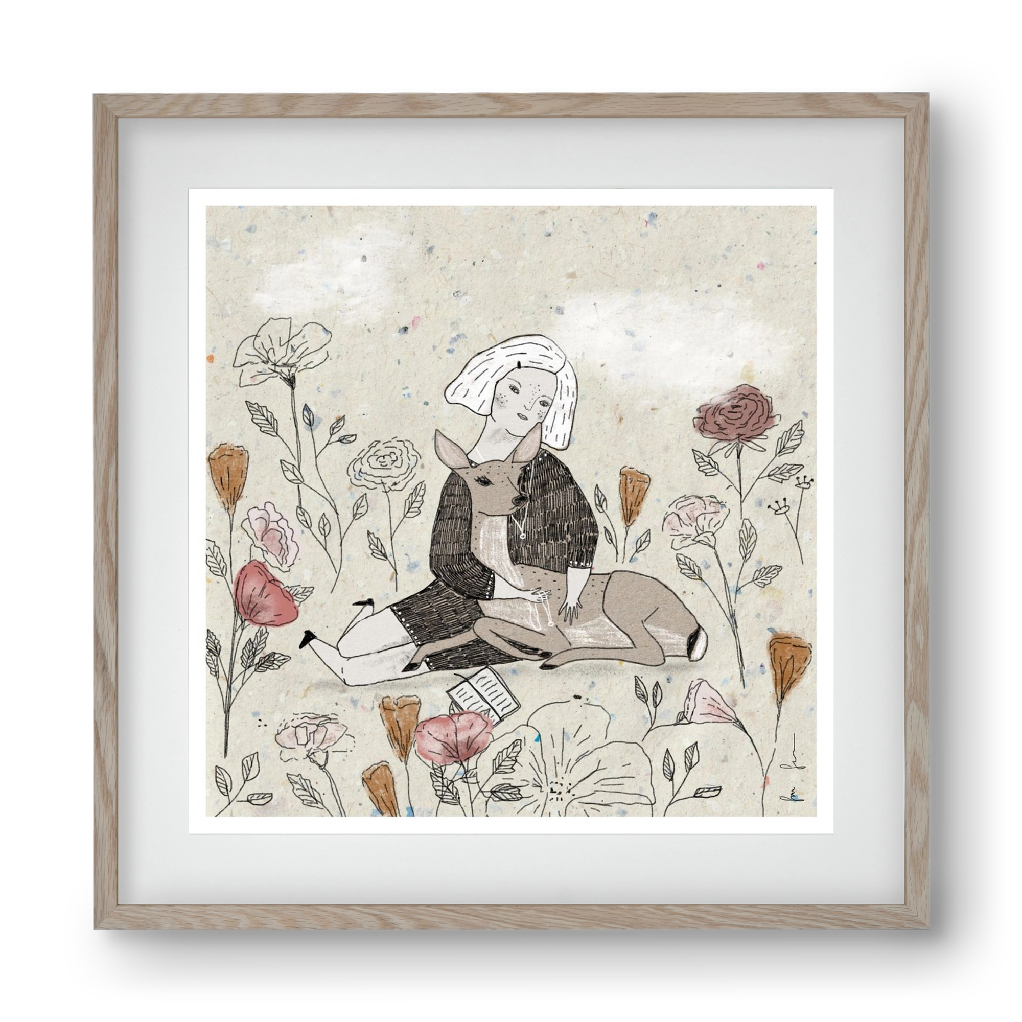 Lány őzzel, 40x40 cm (30x30 cm), Tölgy keret, paszpartuval