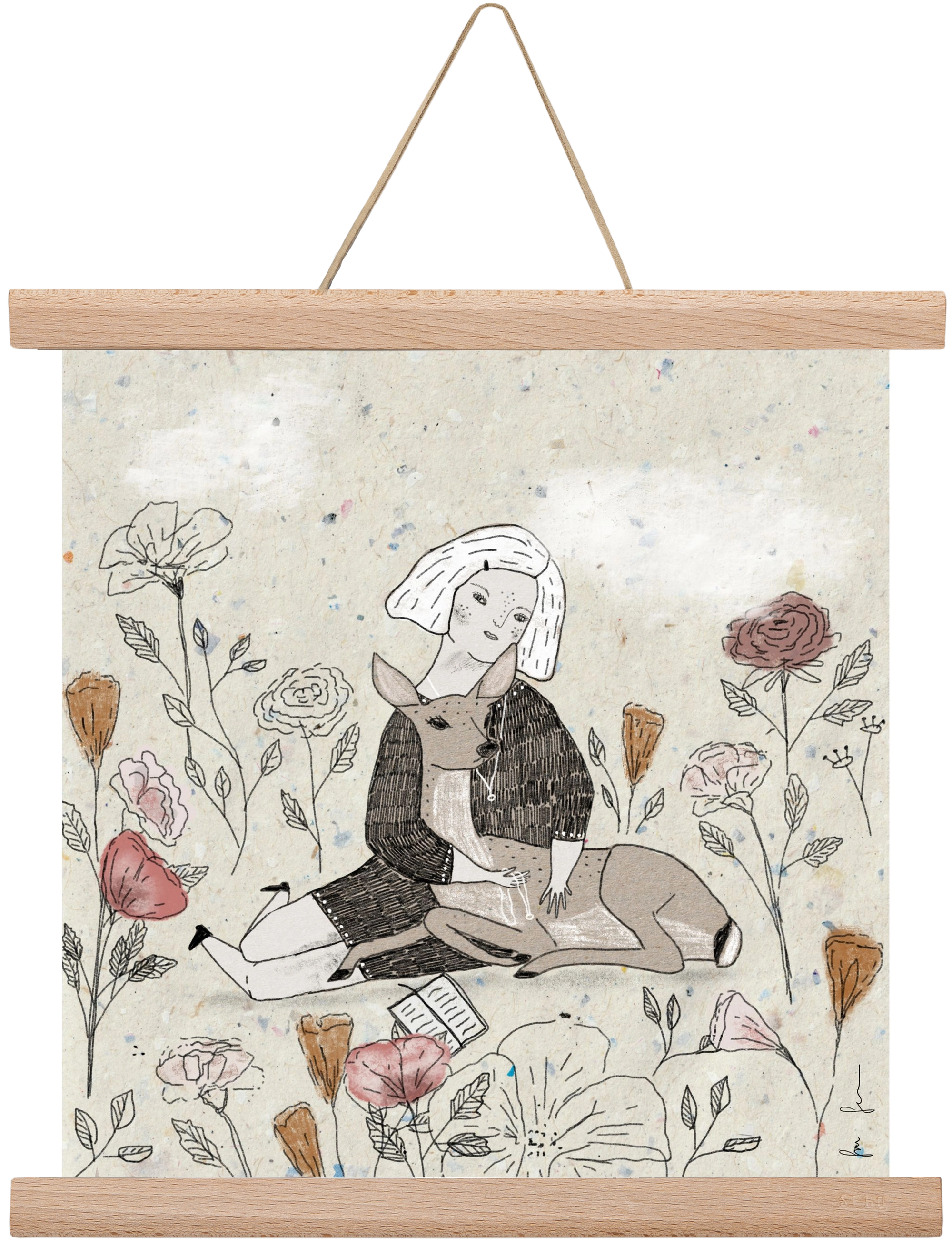 Lány őzzel, 30x30 cm (30x30 cm), Tölgy akasztó