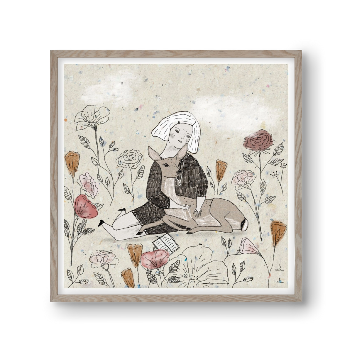 Lány őzzel, 30x30 cm (30x30 cm), Tölgy keret