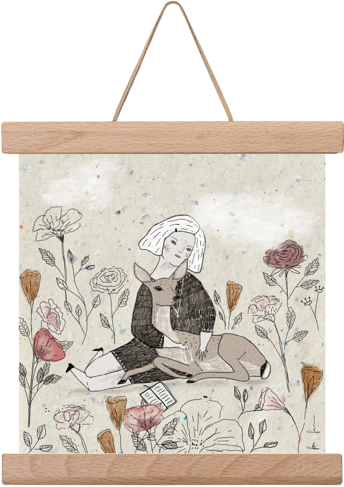 Lány őzzel, 20x20 cm (20x20 cm), Tölgy akasztó