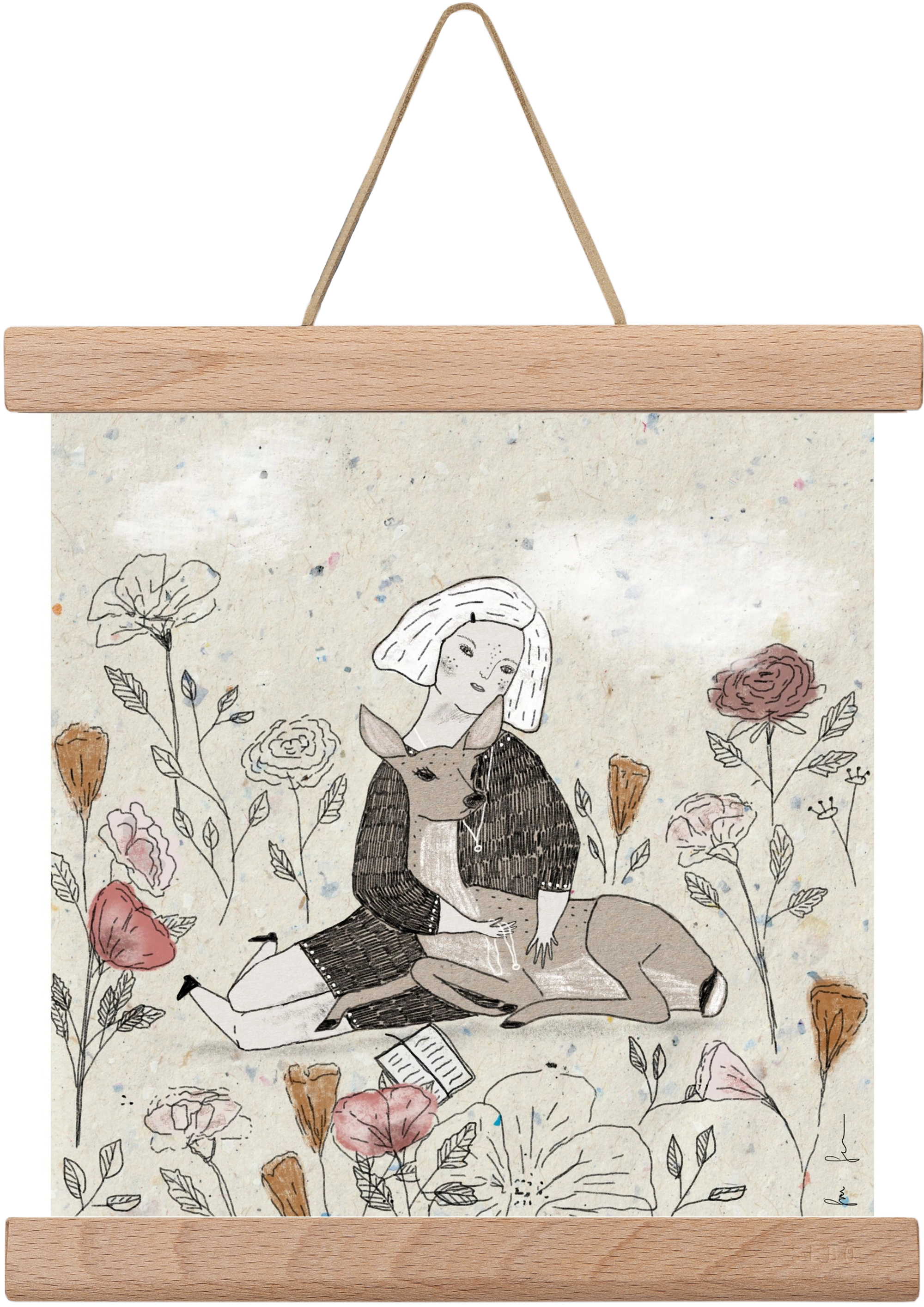 Lány őzzel, 20x20 cm (20x20 cm), Tölgy akasztó
