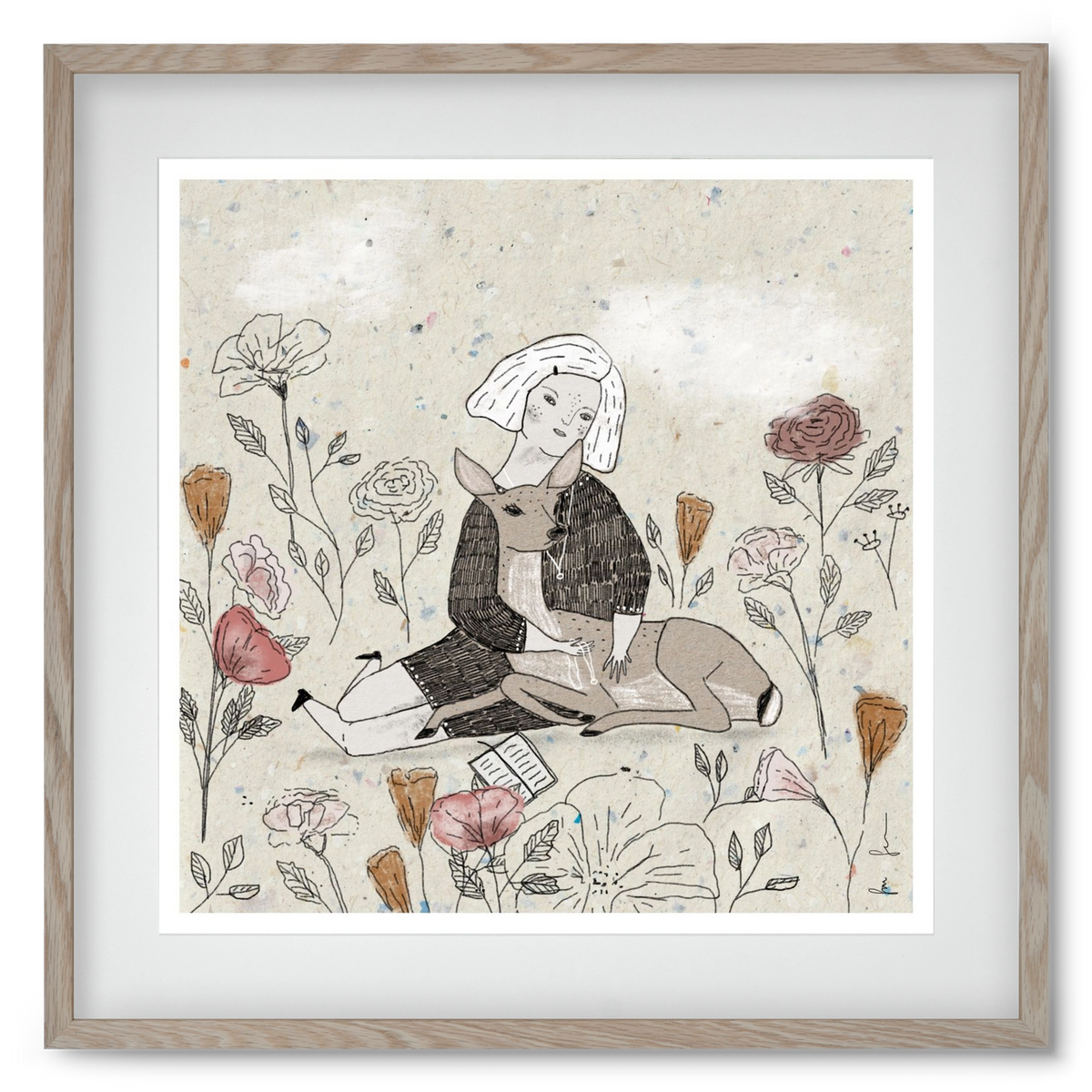 Lány őzzel, 50x50 cm (40x40 cm), Tölgy keret, paszpartuval