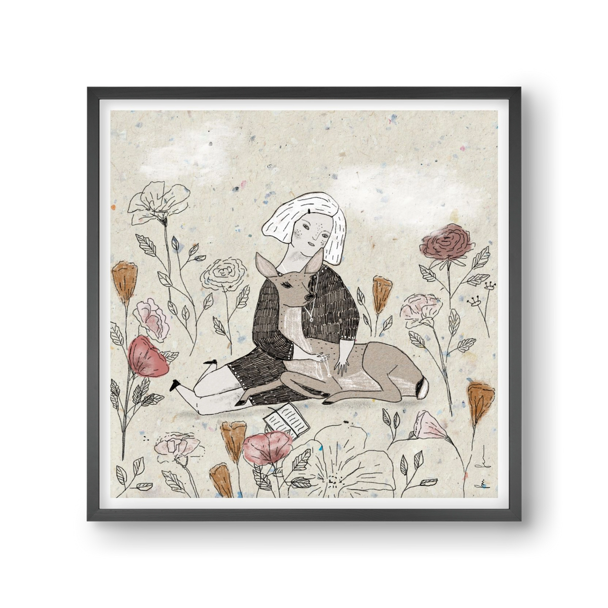 Lány őzzel, 30x30 cm (30x30 cm), Fekete keret