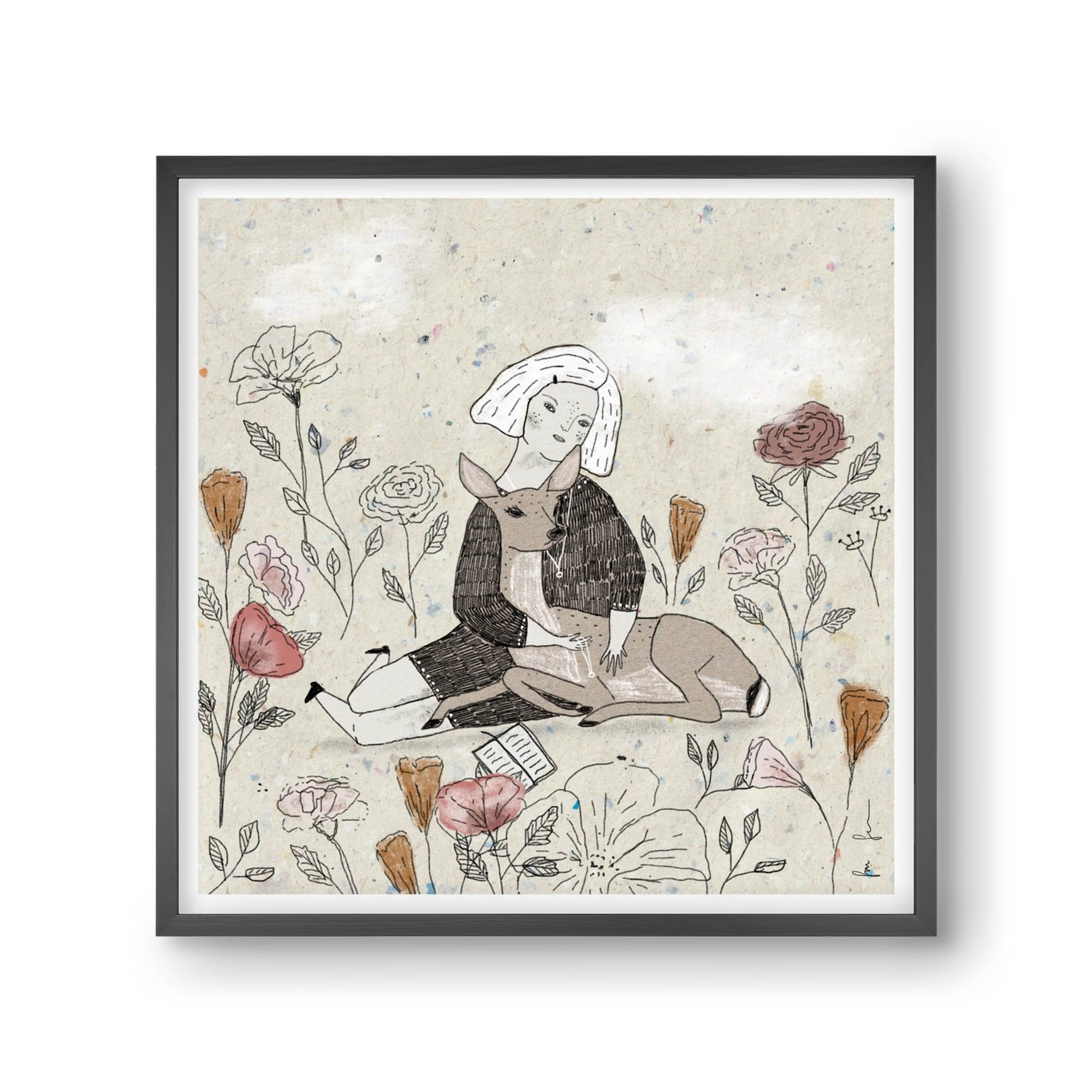 Lány őzzel, 30x30 cm (30x30 cm), Fekete keret