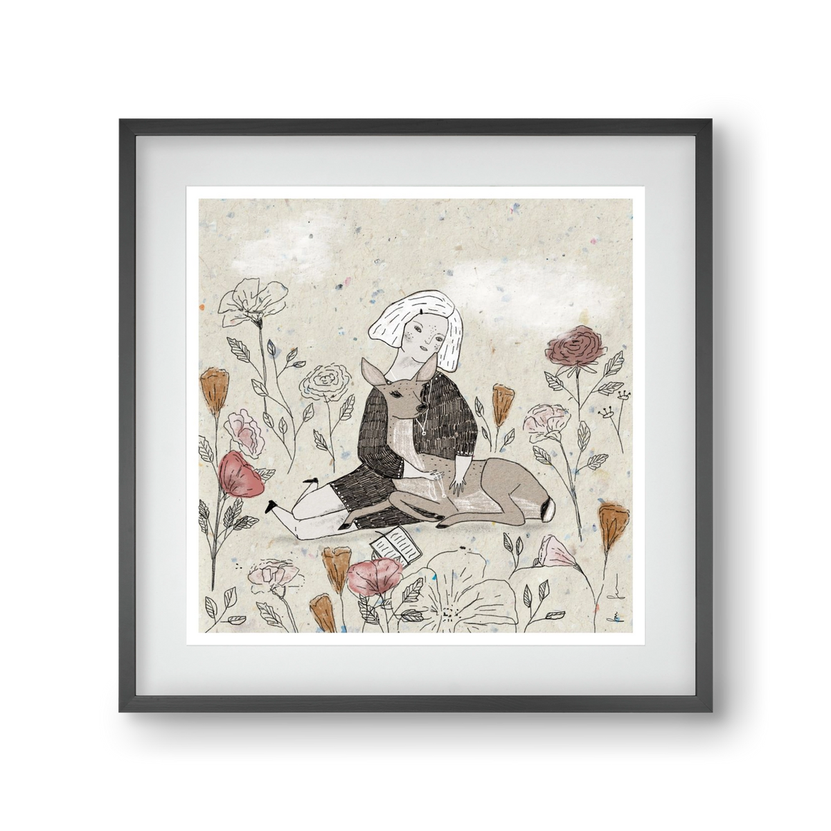 Lány őzzel, 30x30 cm (20x20 cm), Fekete keret, paszpartuval