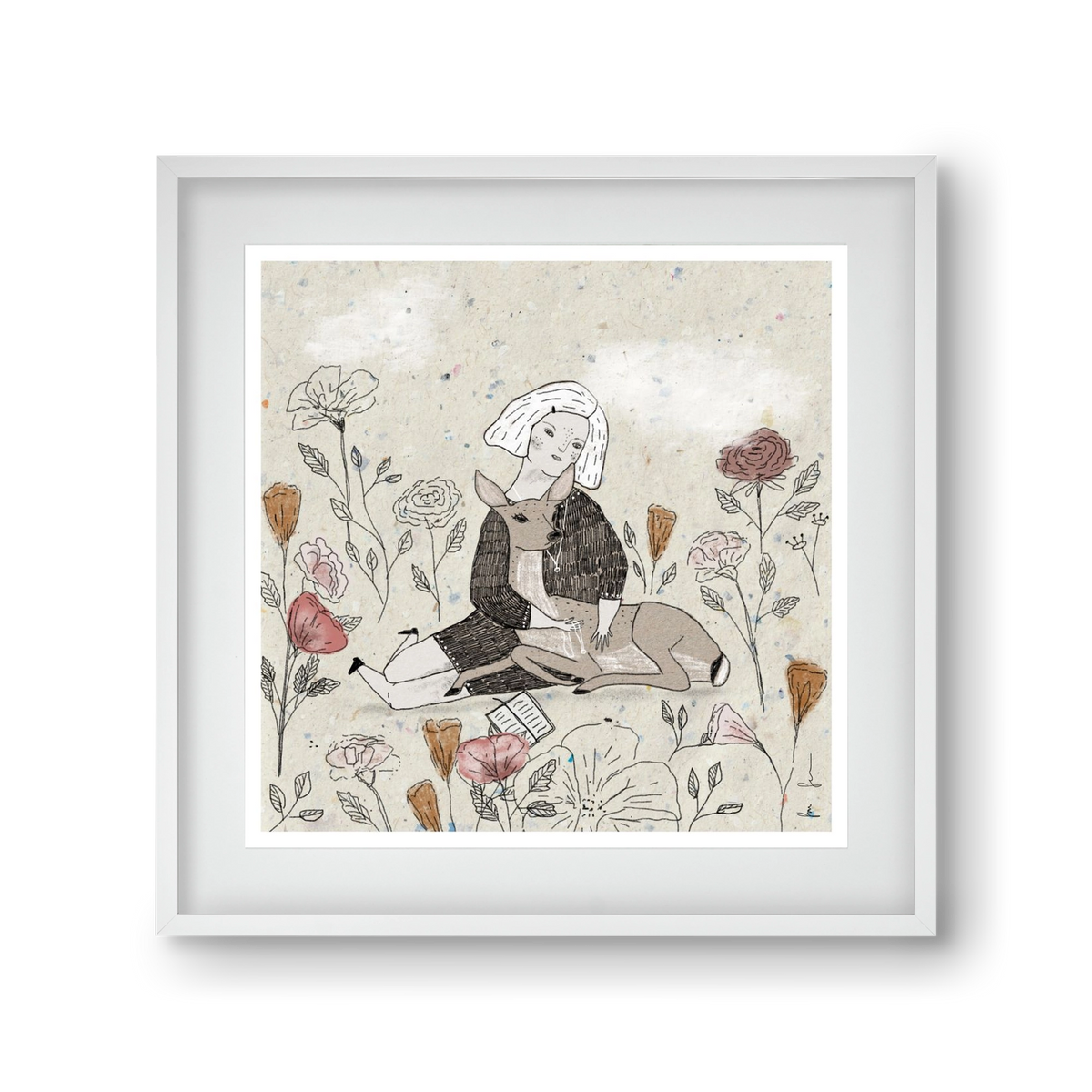 Lány őzzel, 30x30 cm (20x20 cm), Fehér keret, paszpartuval