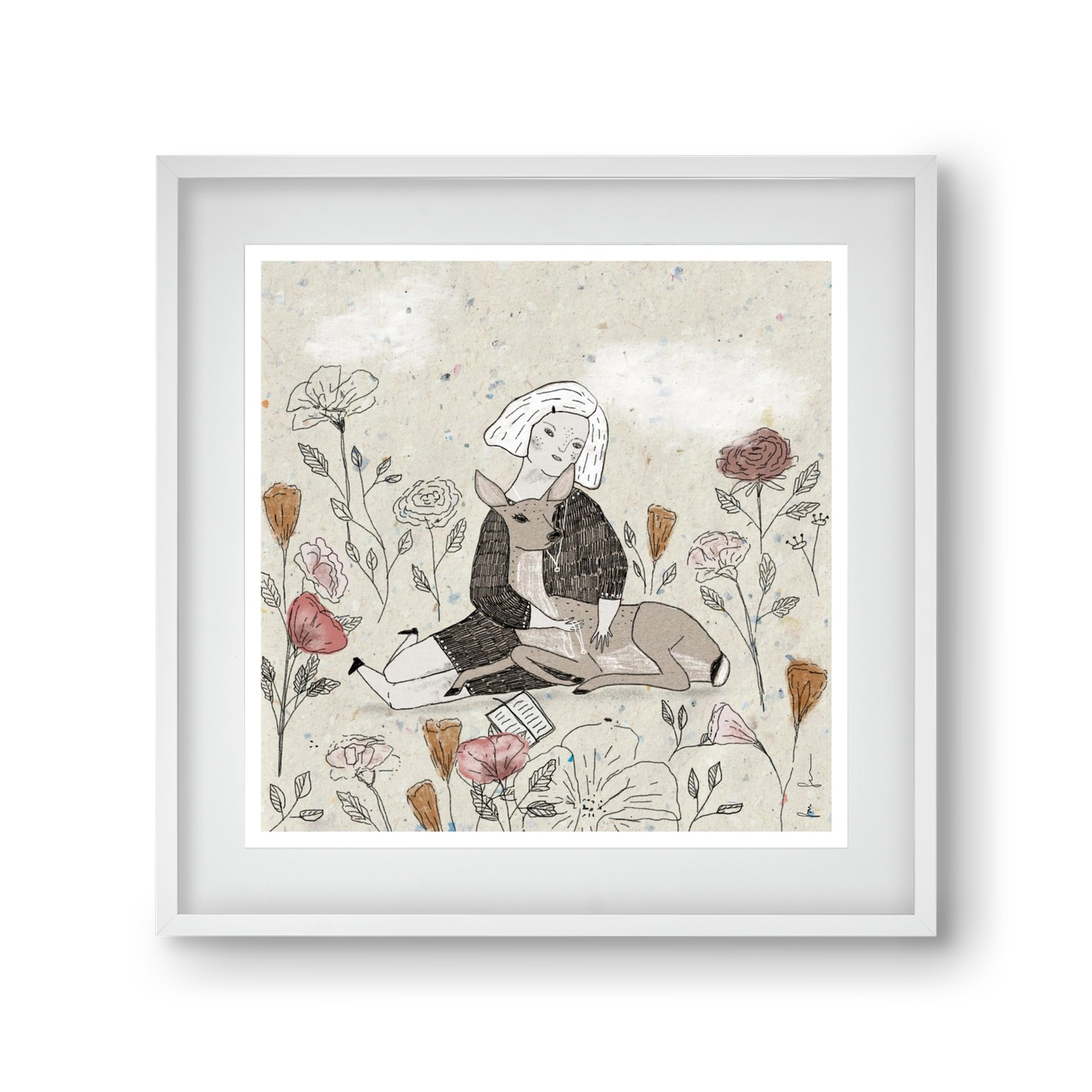 Lány őzzel, 30x30 cm (20x20 cm), Fehér keret, paszpartuval