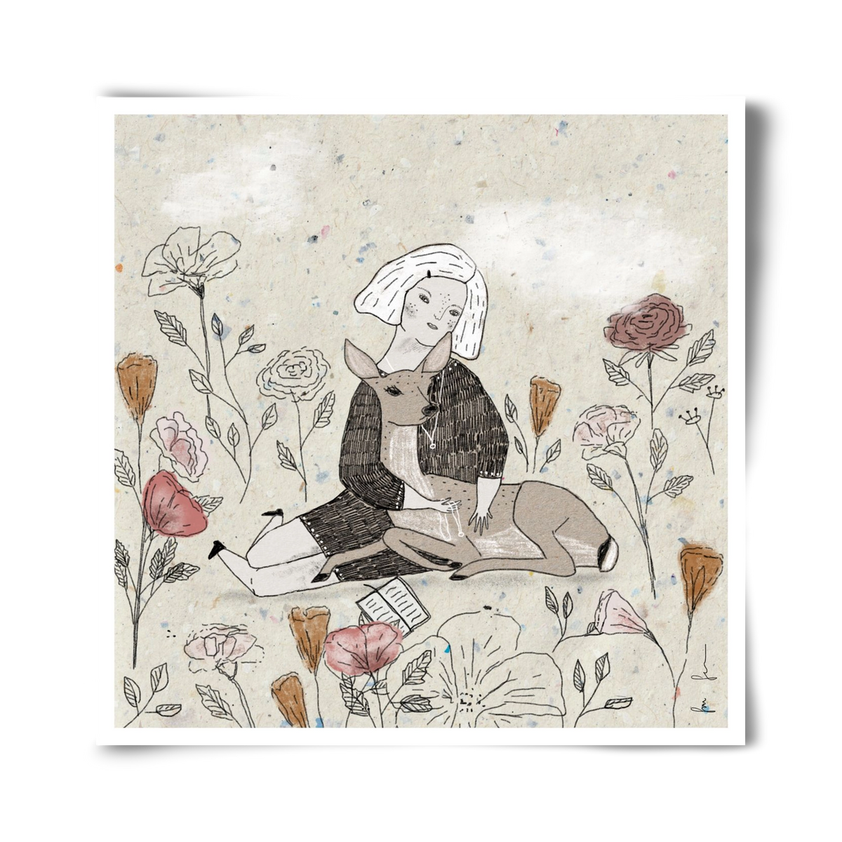 Lány őzzel, 40x40 cm, Keret nélkül