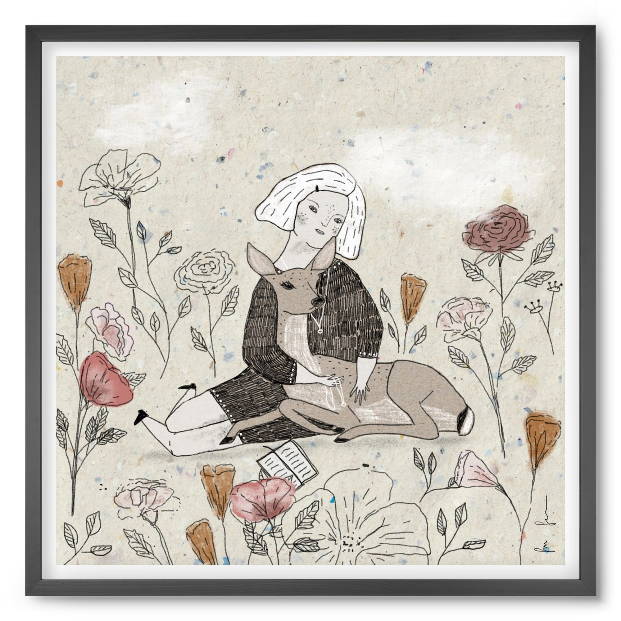Lány őzzel, 50x50 cm (50x50 cm), Fekete keret