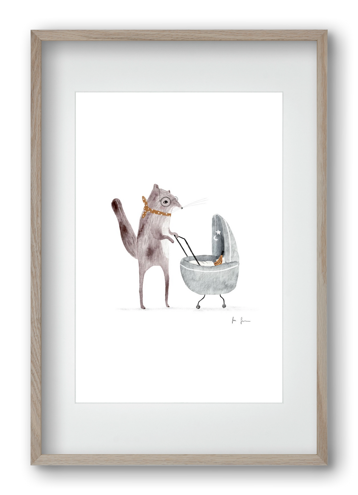 Mókus babakocsival, 40x60 cm (30x45 cm), Tölgy keret, paszpartuval