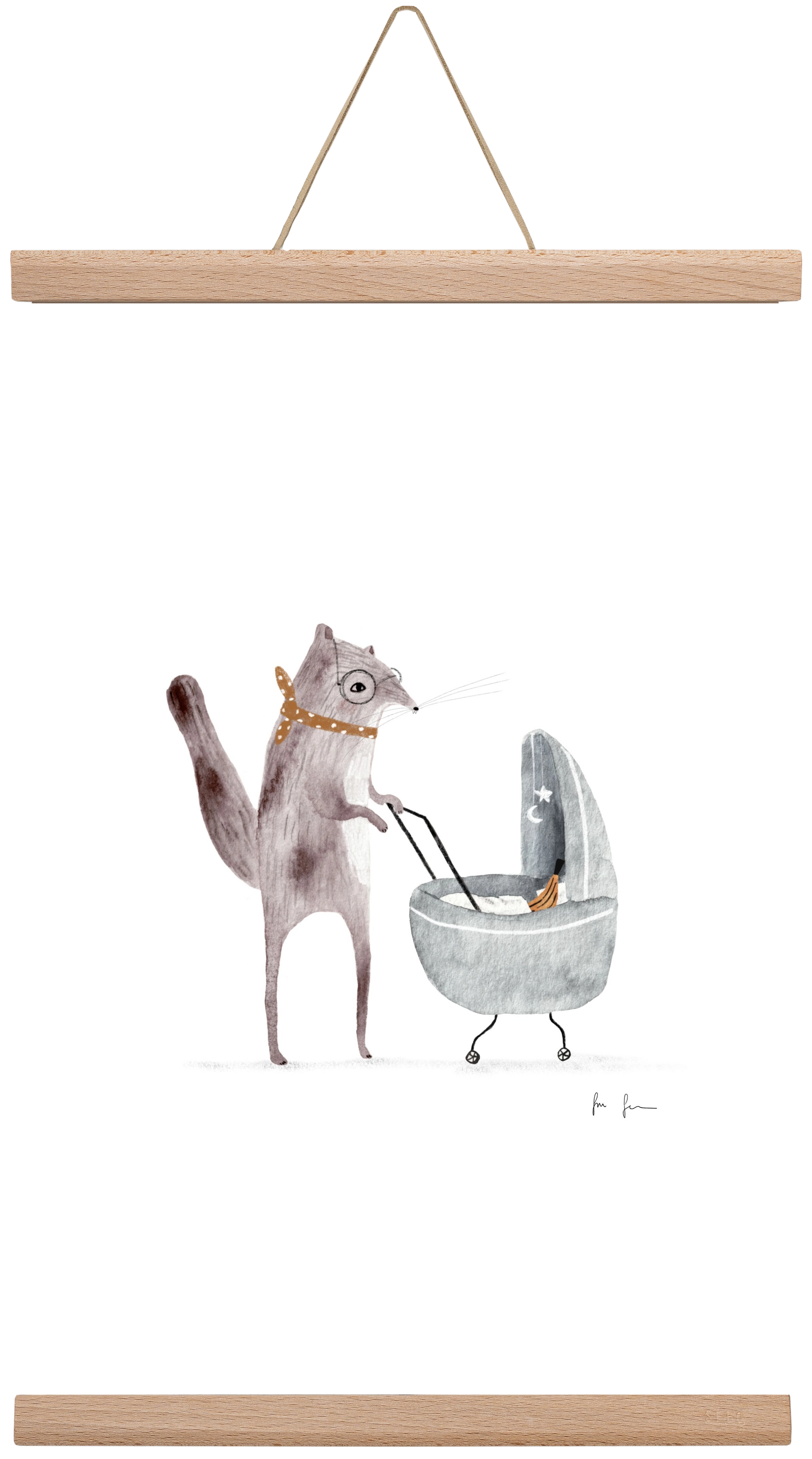 Mókus babakocsival, 30x45 cm (30x45 cm), Tölgy akasztó