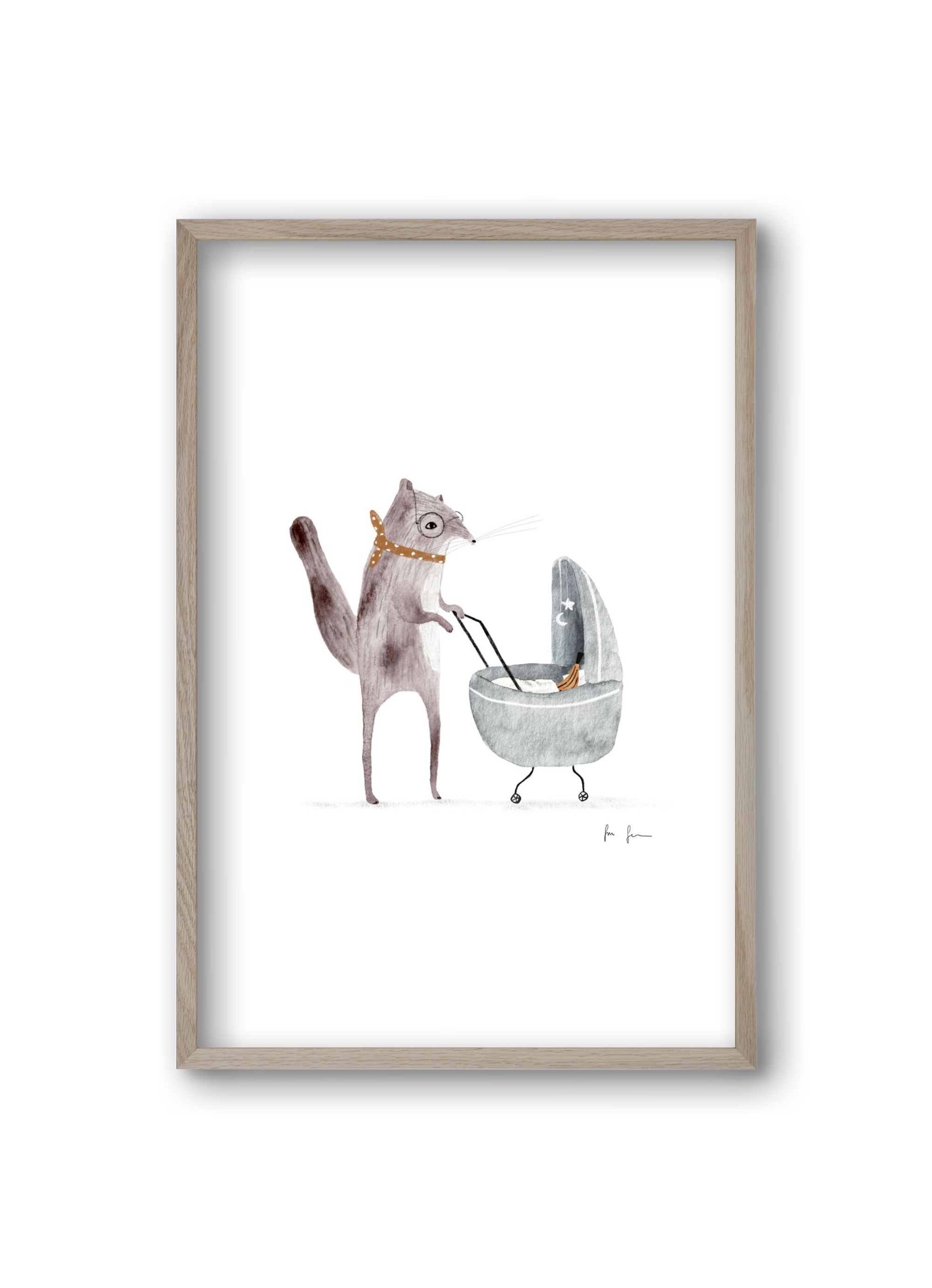 Mókus babakocsival, 20x30 cm (20x30 cm), Tölgy keret