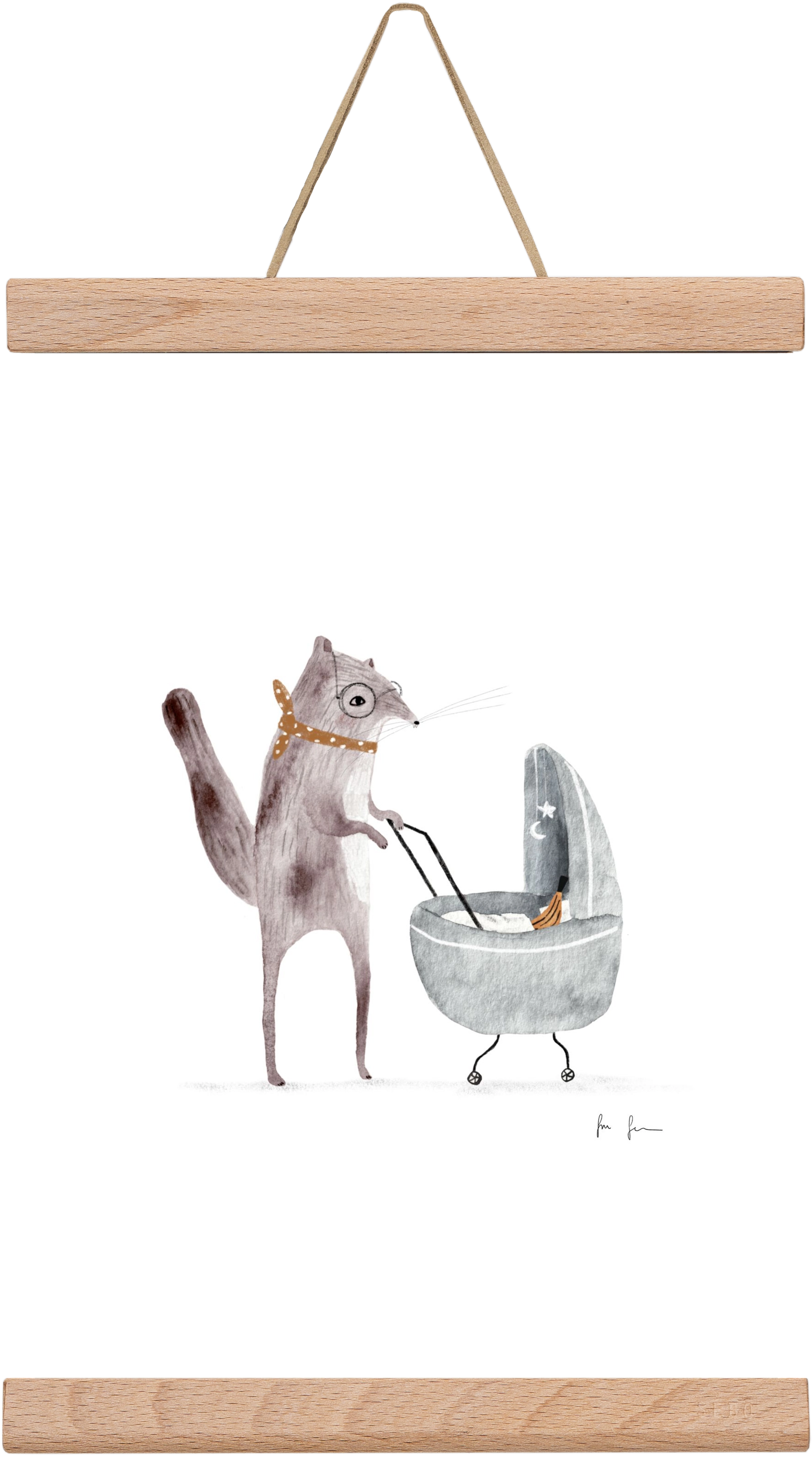 Mókus babakocsival, 20x30 cm (20x30 cm), Tölgy akasztó