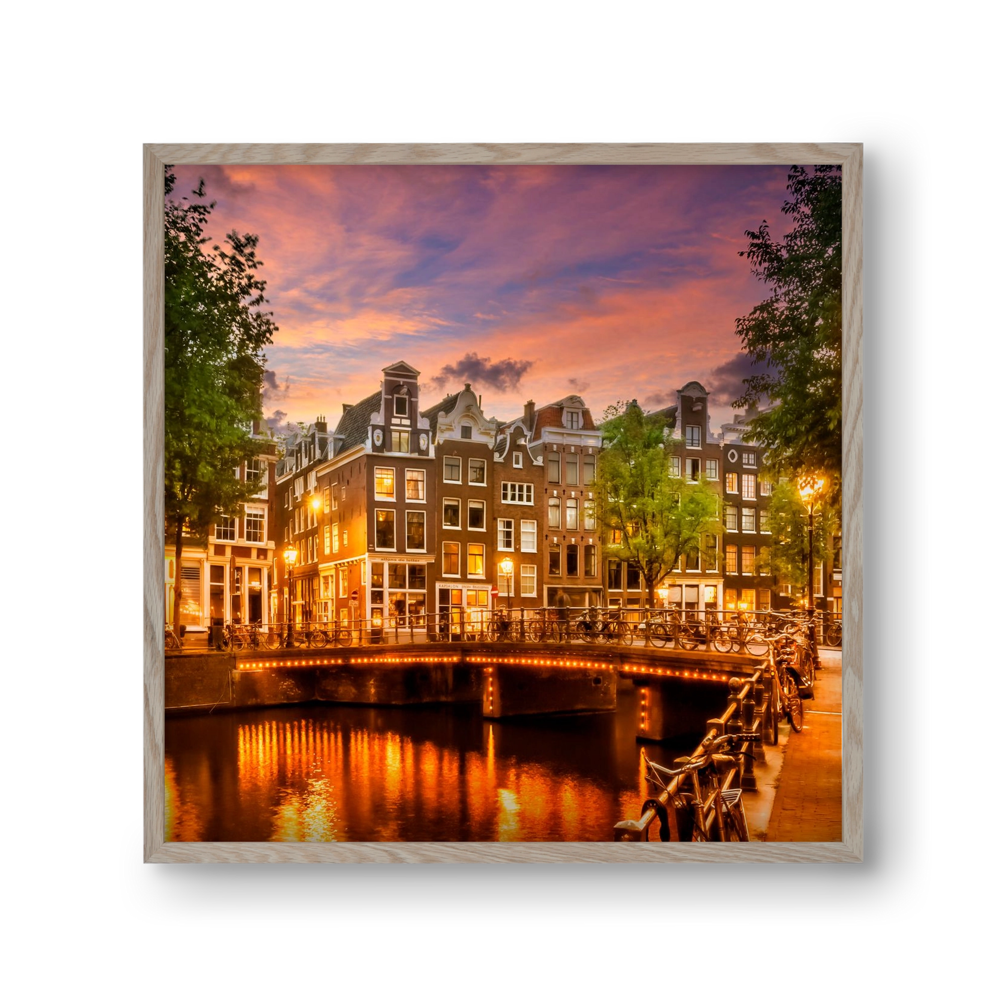 AMSTERDAM Idyllic impression from Singel , 30x30 cm (30x30 cm), Tölgy keret