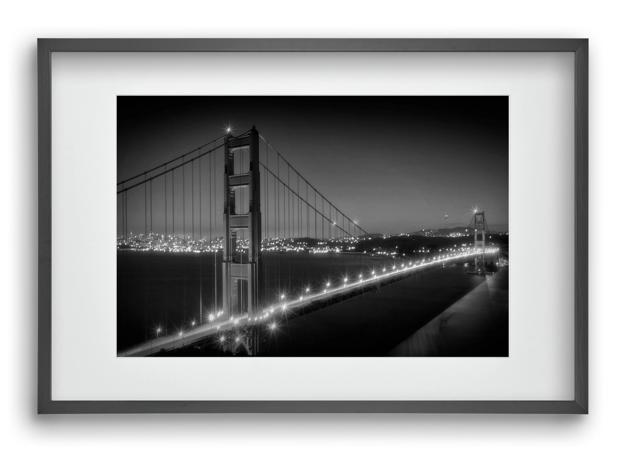 Evening Cityscape of Golden Gate Bridge | Monochrome, 60x40 cm (45x30 cm), Fekete keret, paszpartuval