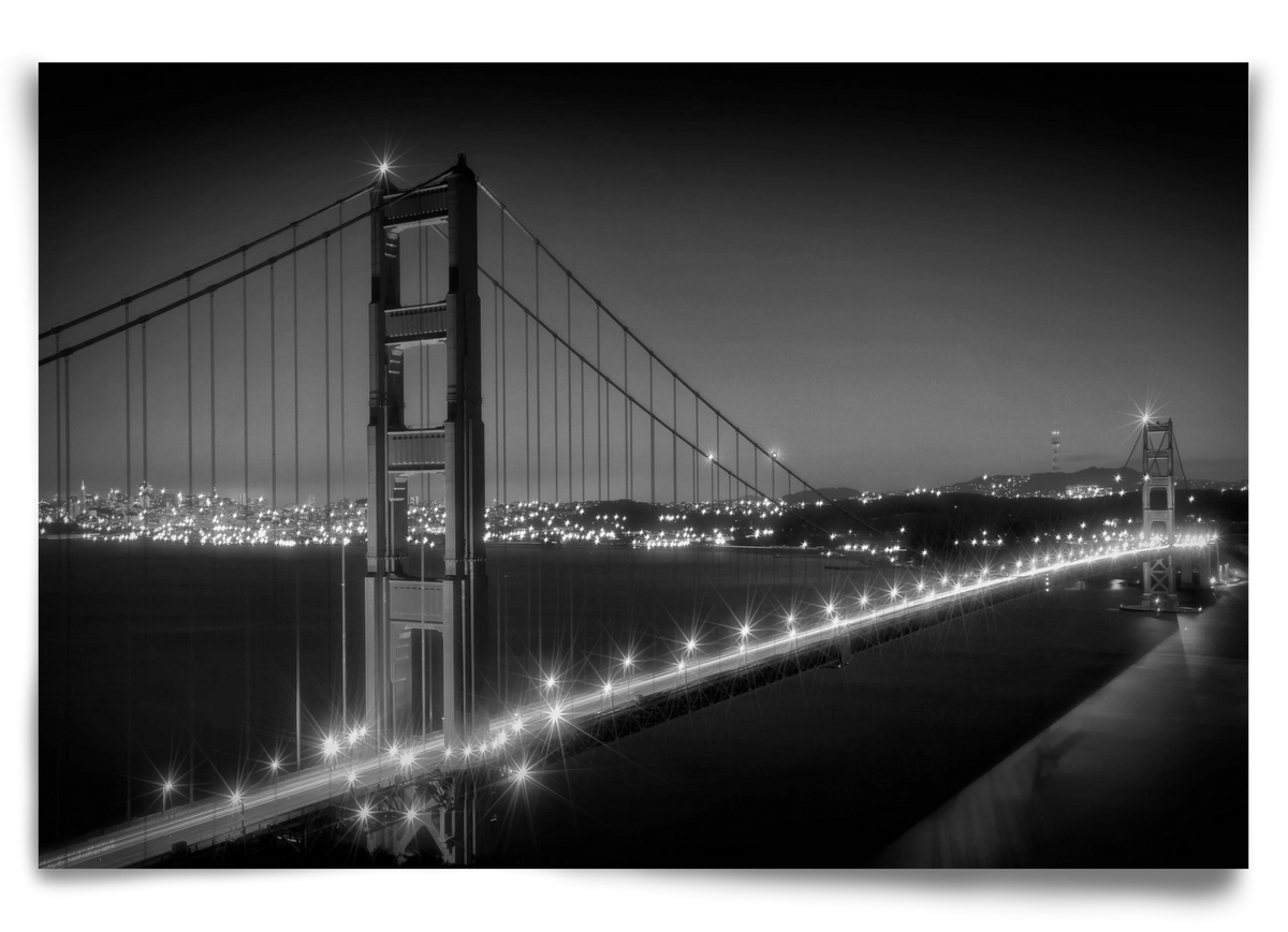 Evening Cityscape of Golden Gate Bridge | Monochrome, 90x60 cm, Keret nélkül