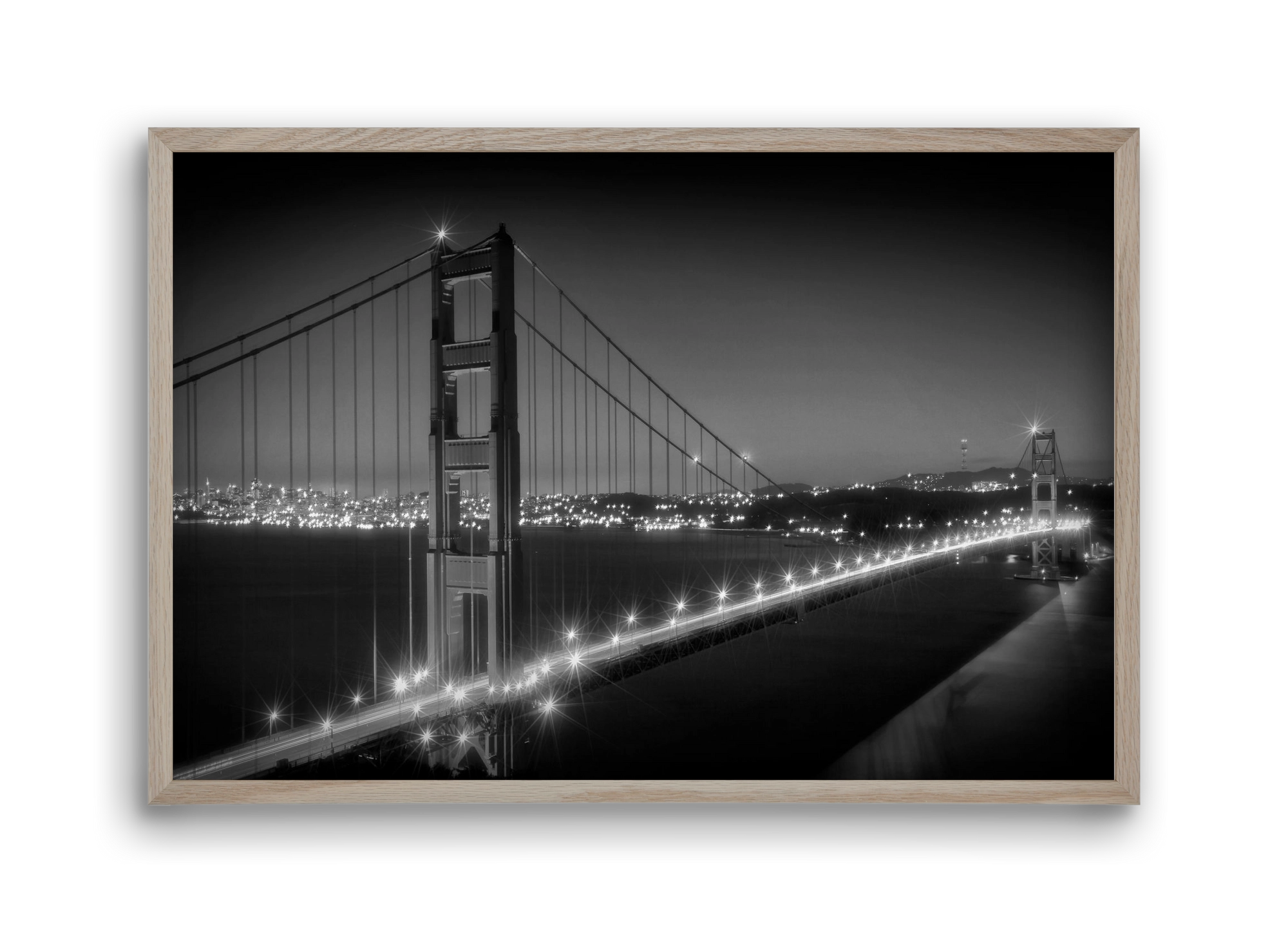 Evening Cityscape of Golden Gate Bridge | Monochrome, 45x30 cm (45x30 cm), Tölgy keret