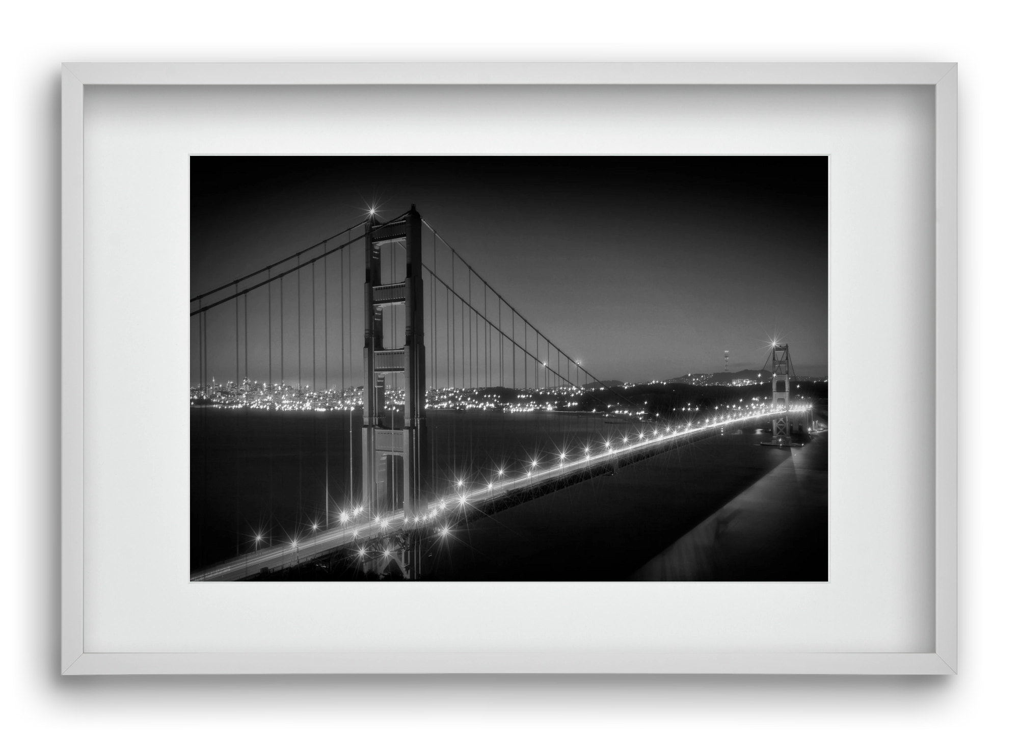 Evening Cityscape of Golden Gate Bridge | Monochrome, 60x40 cm (45x30 cm), Fehér keret, paszpartuval