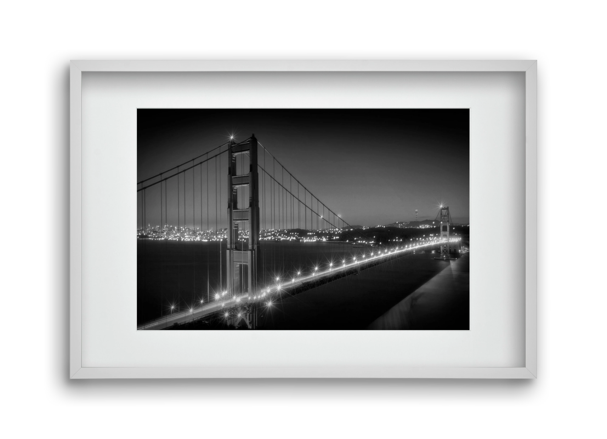 Evening Cityscape of Golden Gate Bridge | Monochrome, 45x30 cm (30x20 cm), Fehér keret, paszpartuval